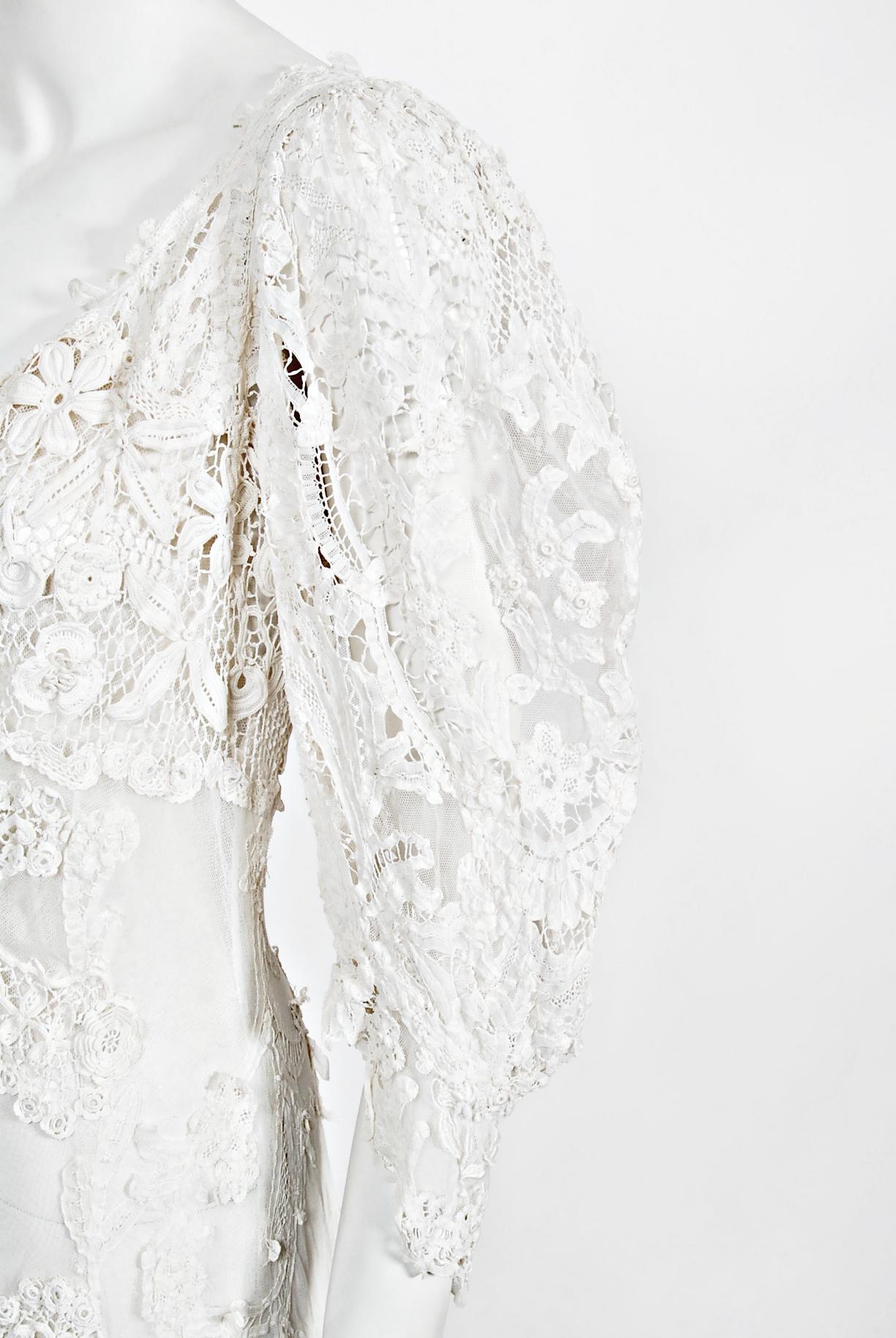 Antique 1908 Edwardian Couture White Irish Crochet Lace & Sheer Net Bridal Gown 1