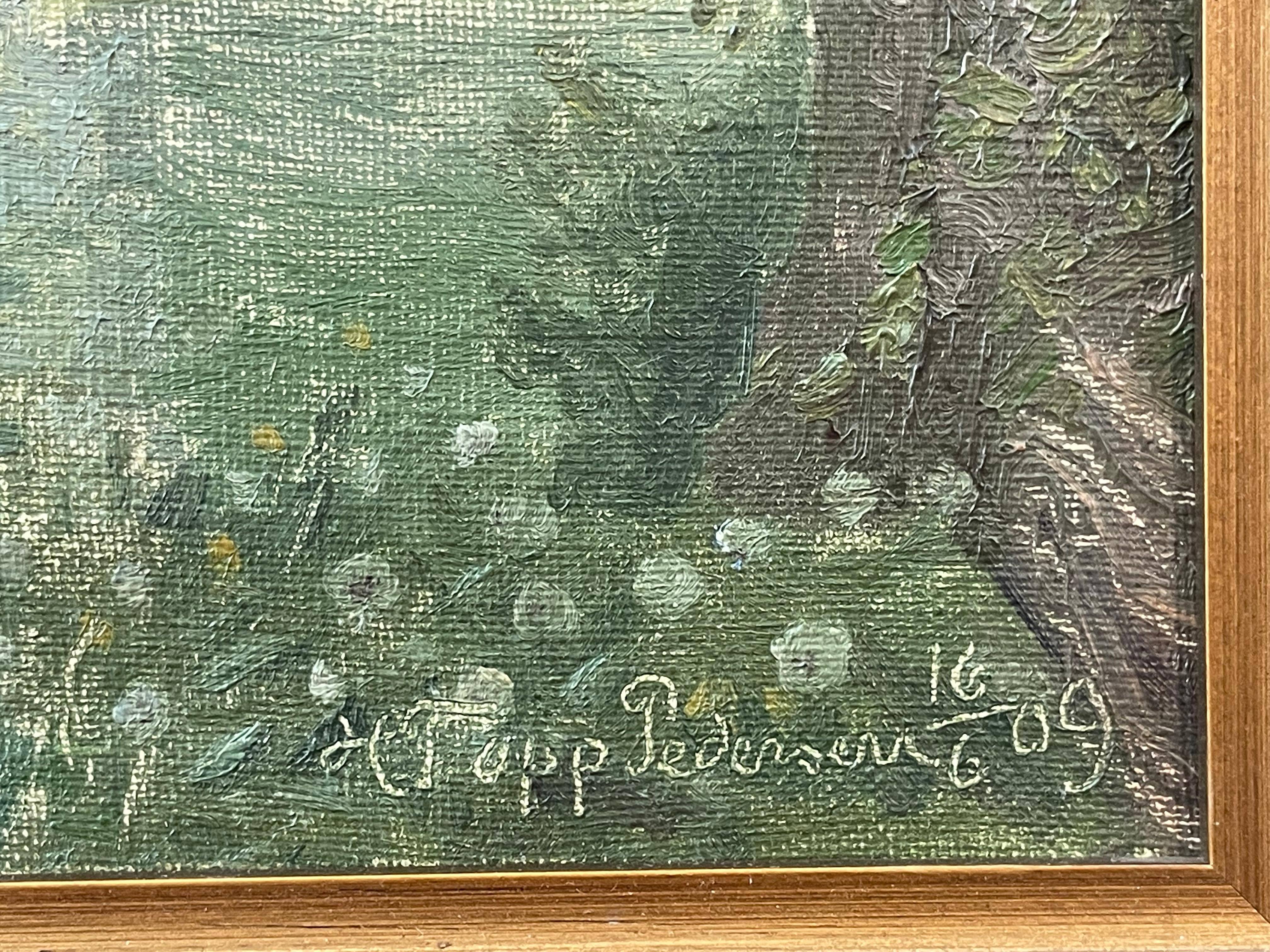 Antikes dänisches Ölgemälde von 1909, das ein Haus an einer unbefestigten Straße in grüner Landschaft zeigt im Angebot 2