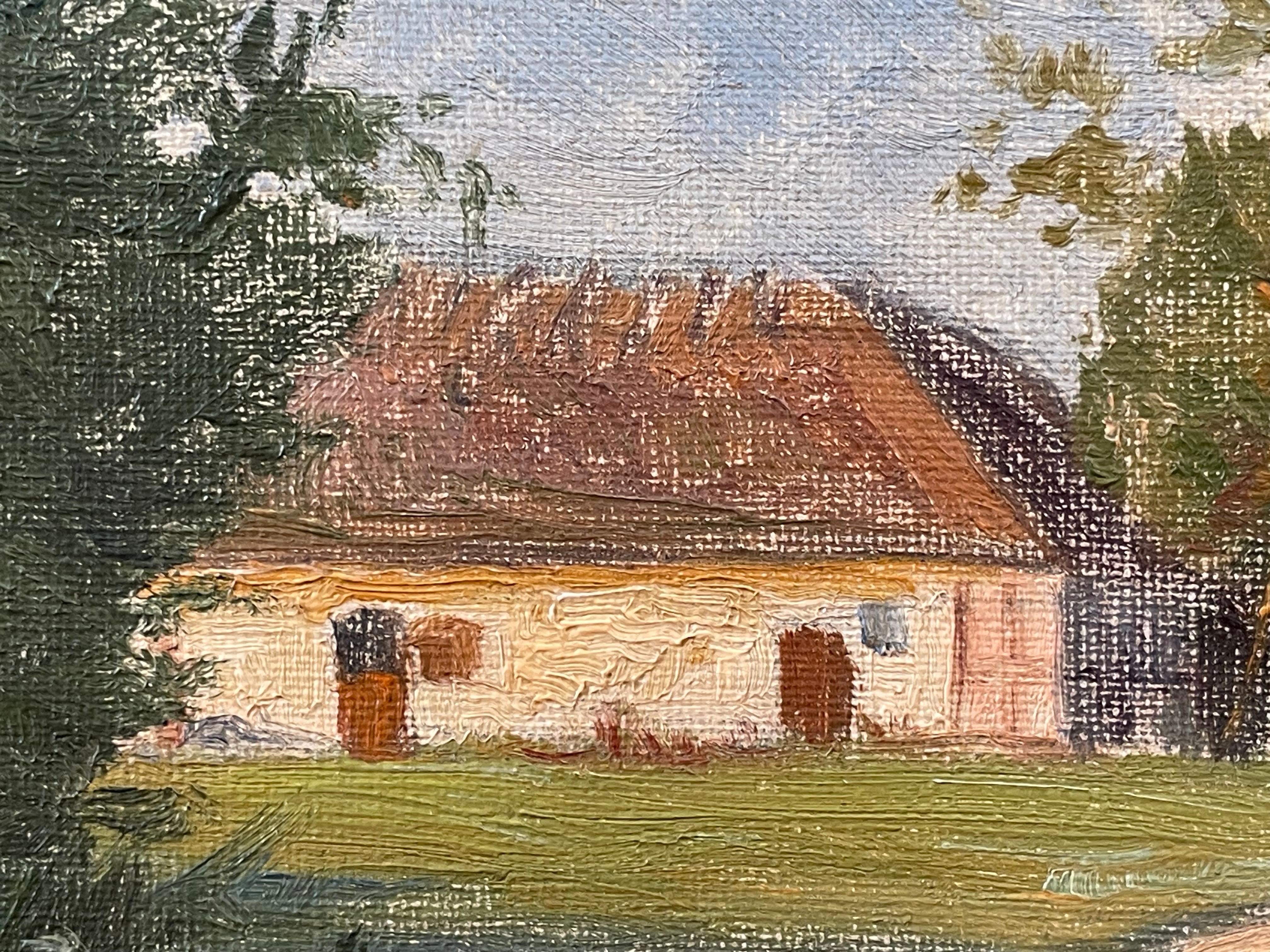 Antikes dänisches Ölgemälde von 1909, das ein Haus an einer unbefestigten Straße in grüner Landschaft zeigt (Dänisch) im Angebot