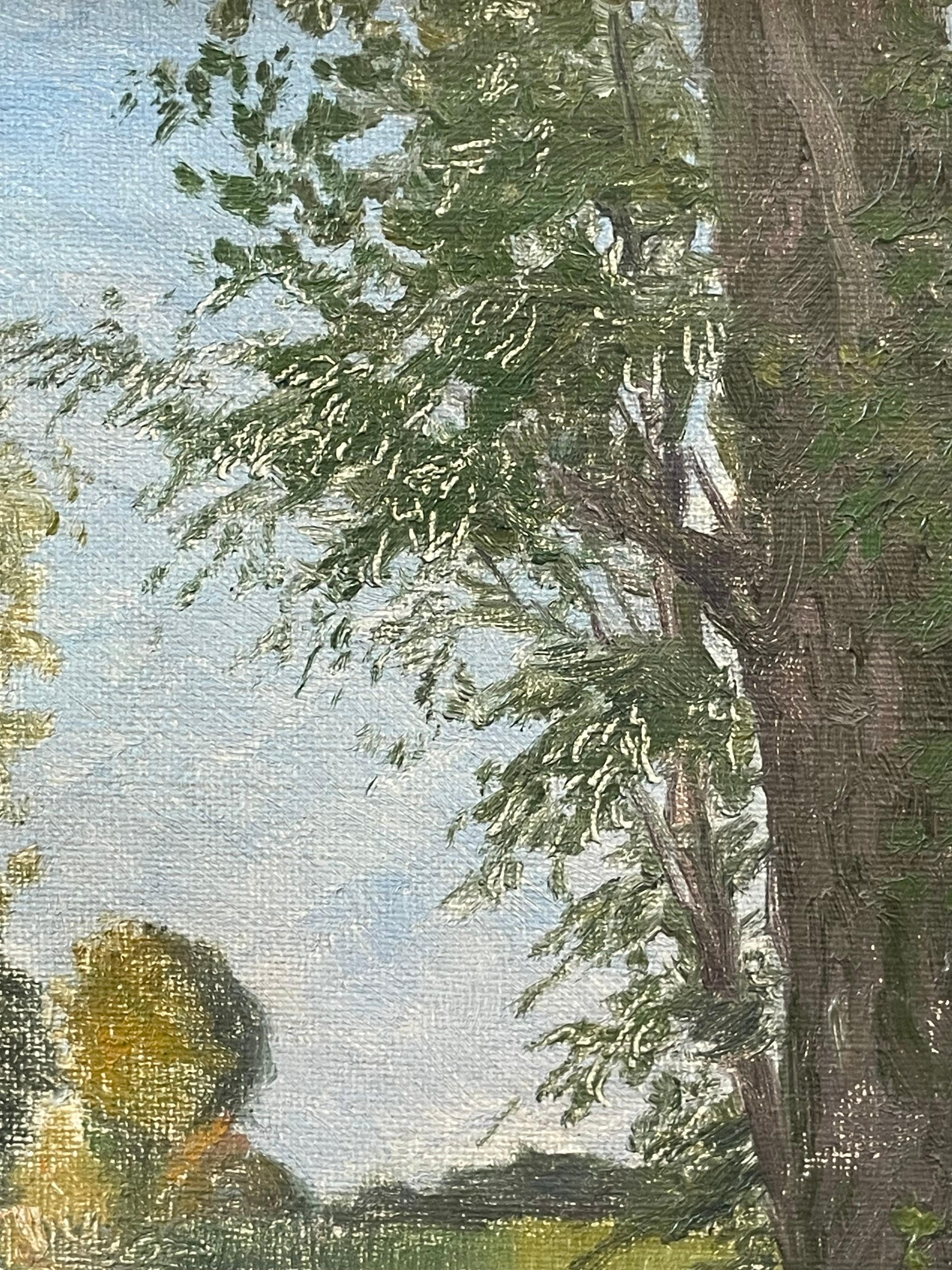 Antikes dänisches Ölgemälde von 1909, das ein Haus an einer unbefestigten Straße in grüner Landschaft zeigt (Farbe) im Angebot