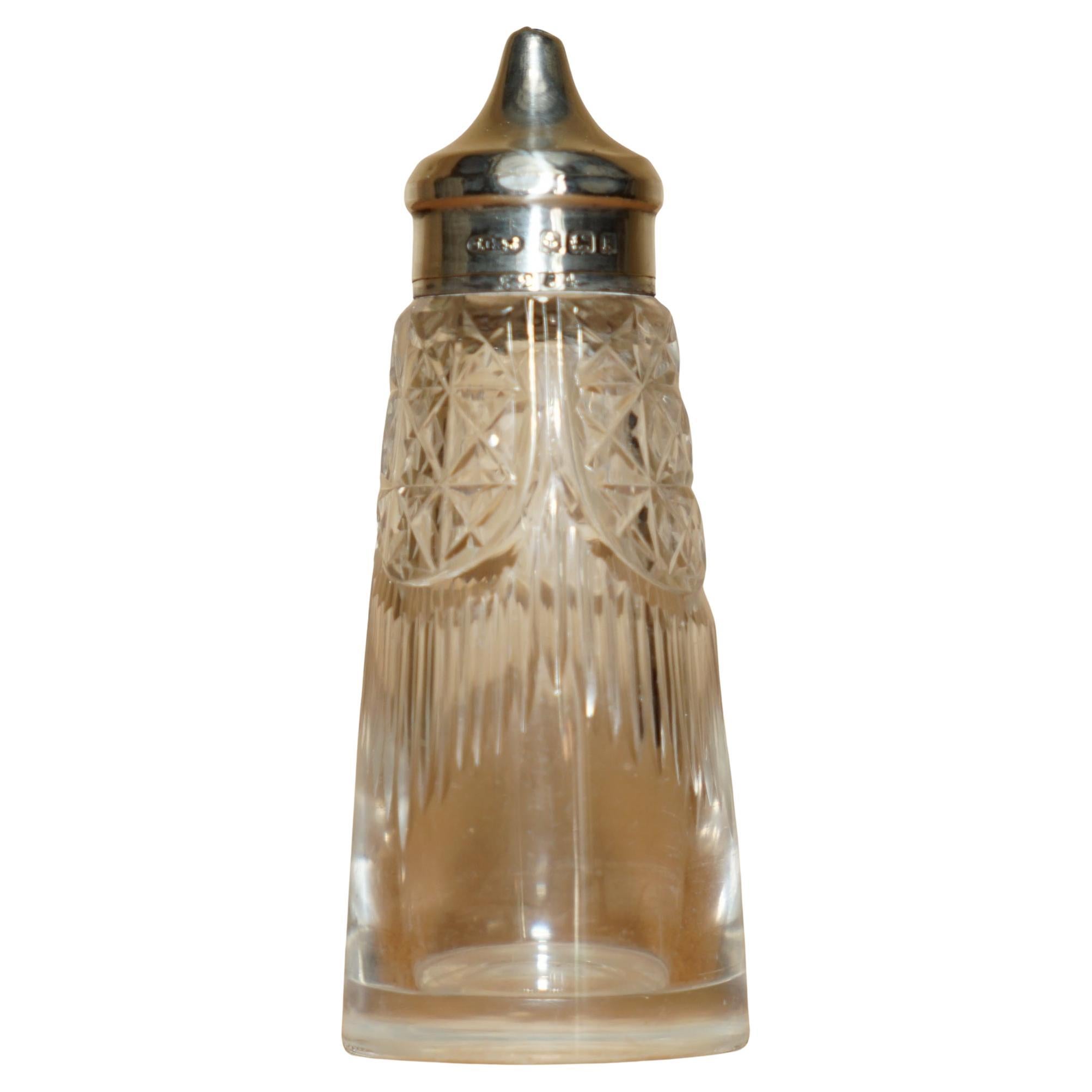 ANTIQUE 1909 JOHN GRINSELL & SONS STERLING SiLVER CUT GLASS CRYSTAL SALT SHAKER For Sale