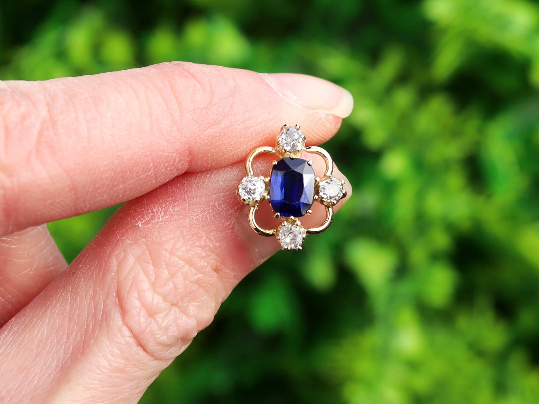 A stunning, fine and impressive pair of antique1.90 carat blue sapphire and 0.50 carat diamond, 15 carat yellow gold earrings; part of our antique earring collections

These stunning, fine and impressive antique sapphire and diamond earrings are