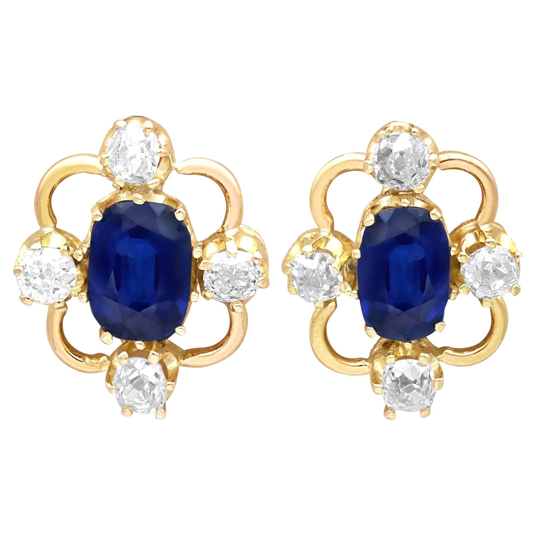 Antique 1.90 Carat Sapphire and 0.50ct Diamond, 15 Carat Yellow Gold Earrings For Sale