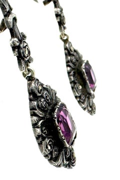 Antico 1910 Art Nouveau Orecchini a Penzoloni in Argento Marcasite Viola