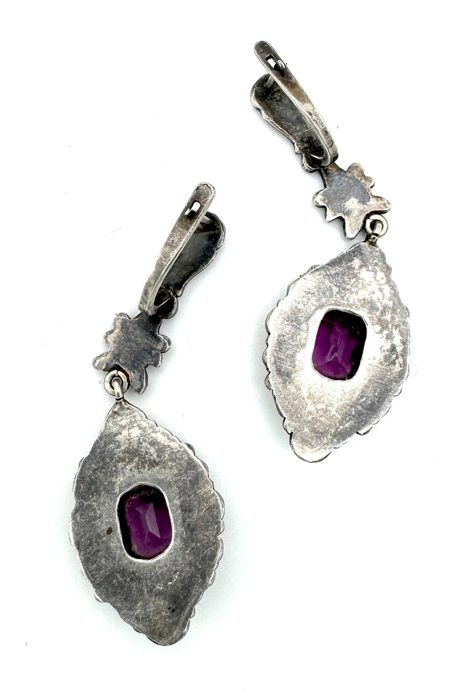 Antike 1910 Jugendstil-Baumel-Ohrringe Silber Platte Markasit Lila Paste (Art nouveau) im Angebot
