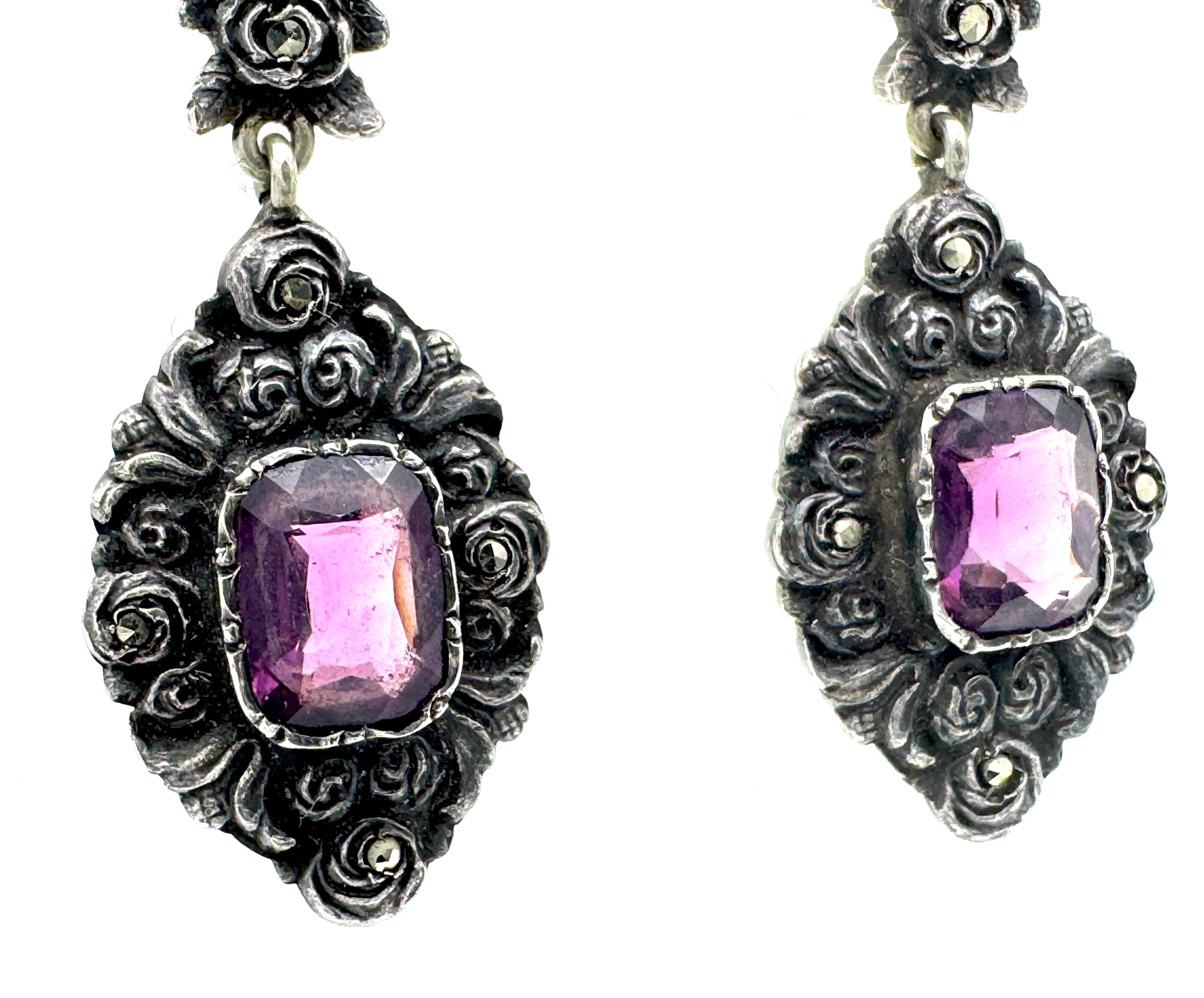 Antike 1910 Jugendstil-Baumel-Ohrringe Silber Platte Markasit Lila Paste (Gemischter Schliff) im Angebot