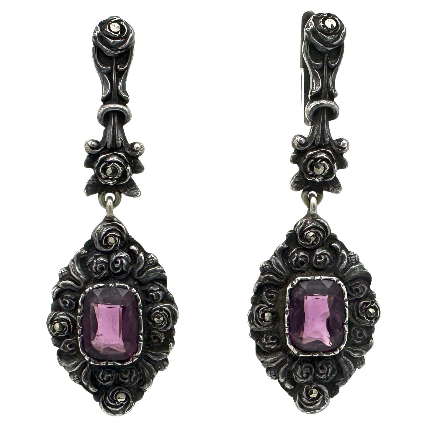 Antike 1910 Jugendstil-Baumel-Ohrringe Silber Platte Markasit Lila Paste im Angebot