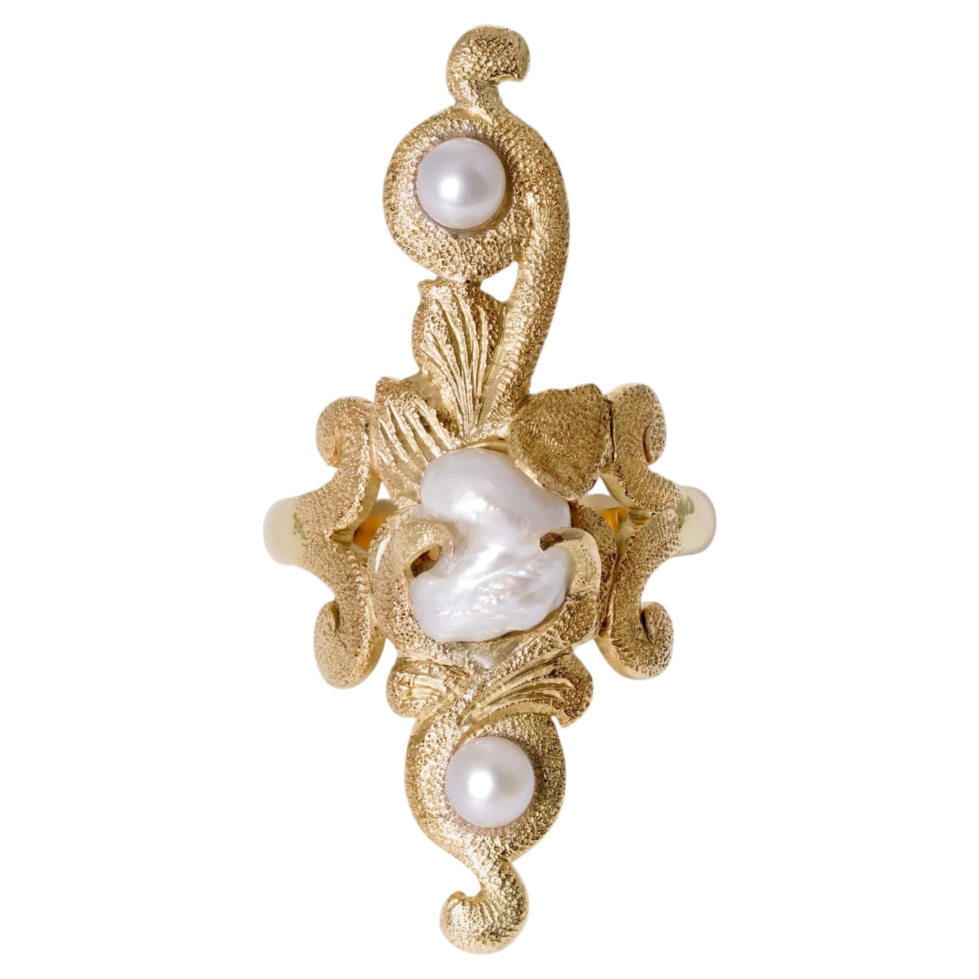 Arte Antiques 1910 Art Nouveau Perle Naturelle Long 3 Stone Dinner Ring en vente