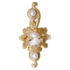 Antique 1910 Art Nouveau Natural Pearl Long 3 Stone Dinner Ring