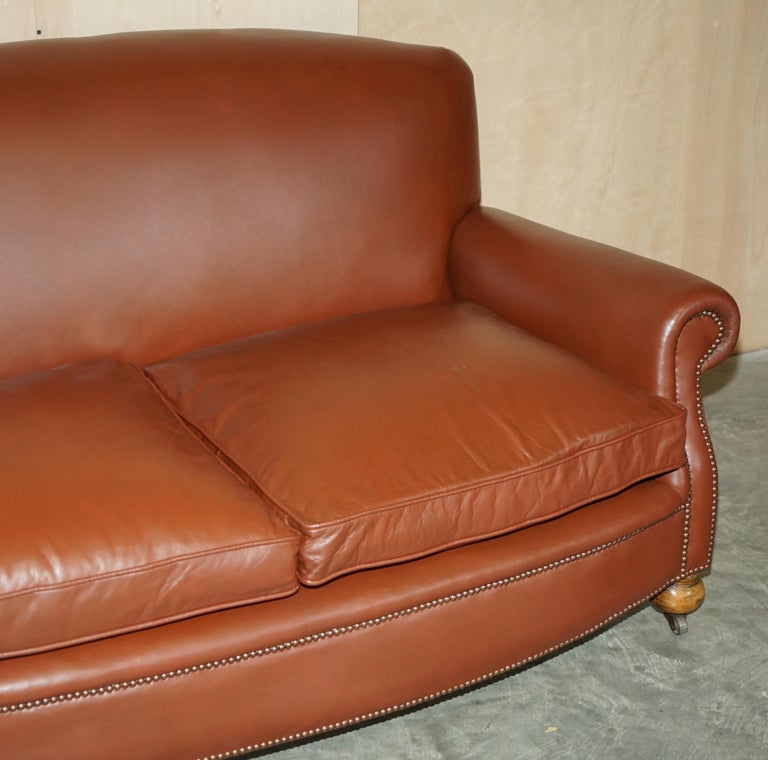 Antique 1910 Edwardian Brown Leather Club Sofa with Feather Filled Seat