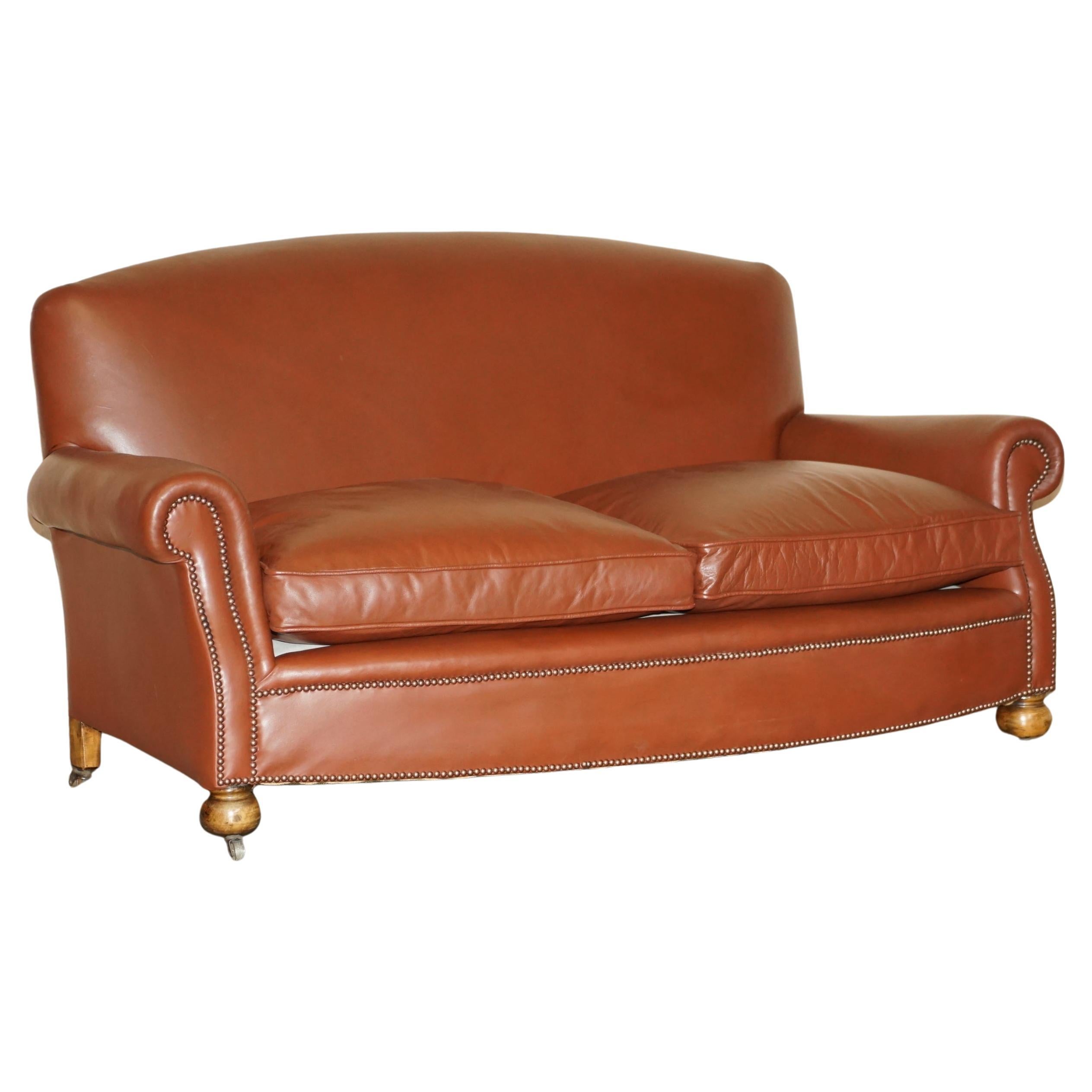 Antique 1910 Edwardian Brown Leather Club Sofa with Feather Filled Seat Cushions For Sale