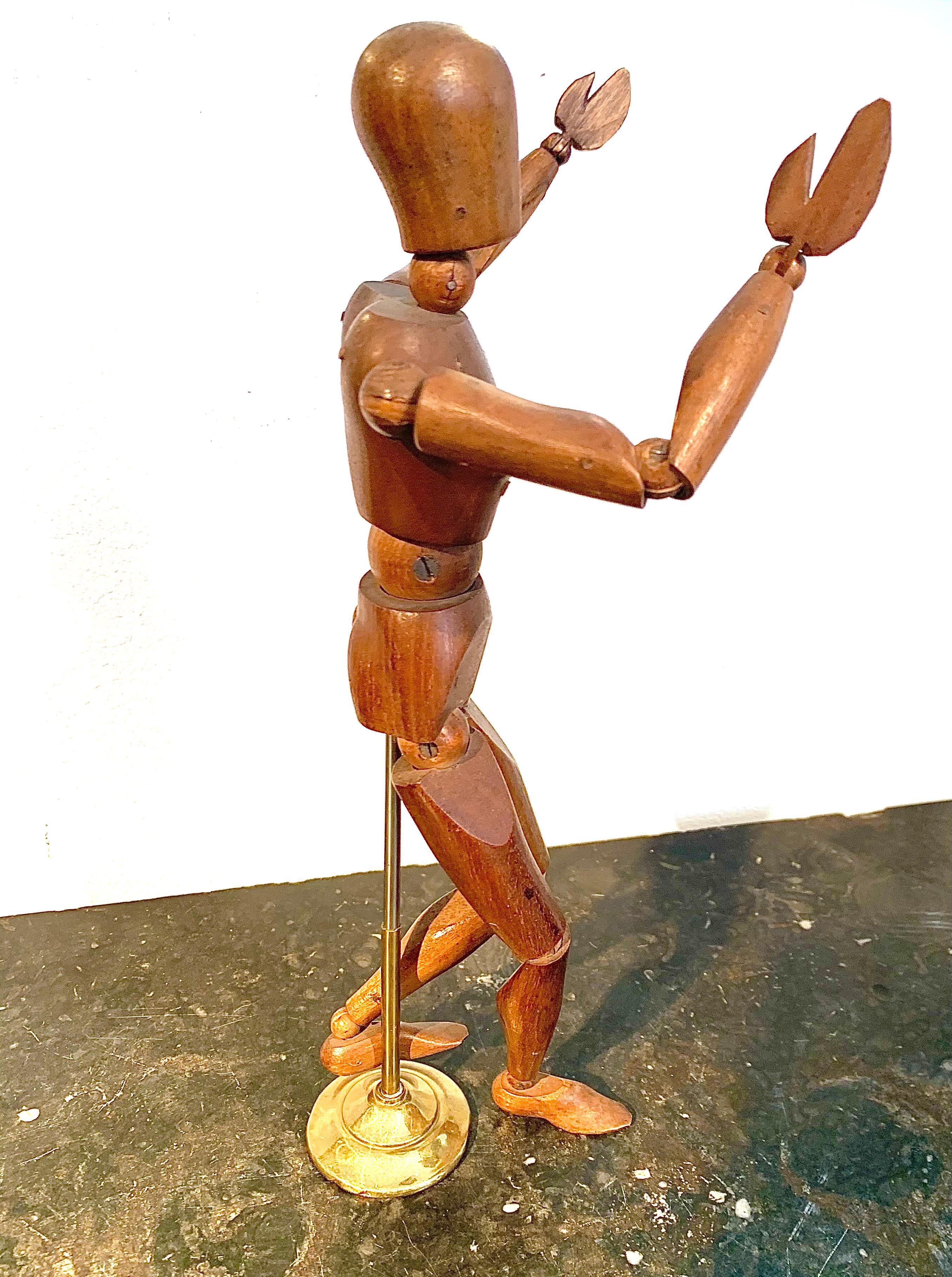 French Antique 1910 Female Artist's Mannequin Walnut Wood Brass Stand