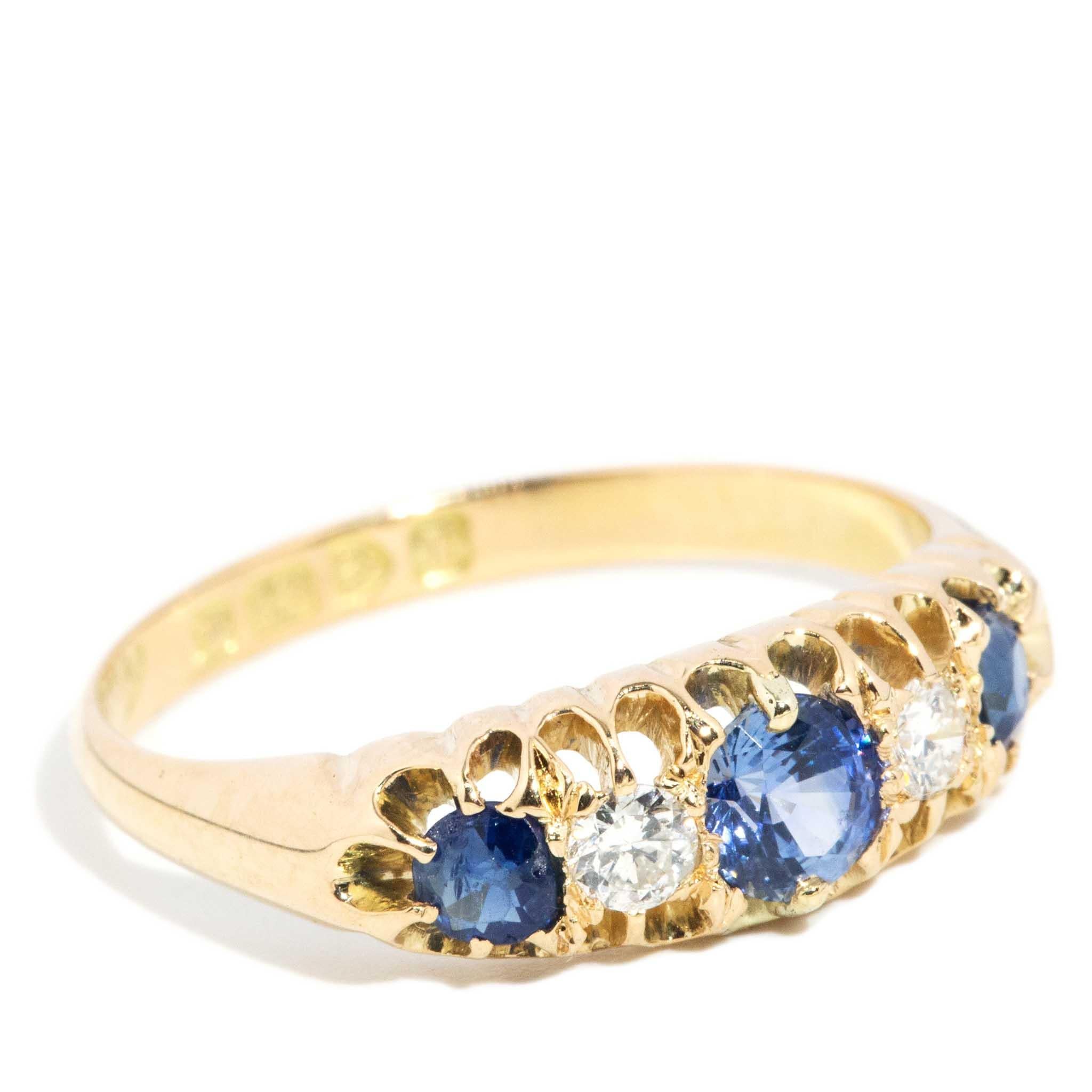 Edwardian Antique 1910 Sapphire & Diamond London Bridge Ring 18 Carat Yellow Gold