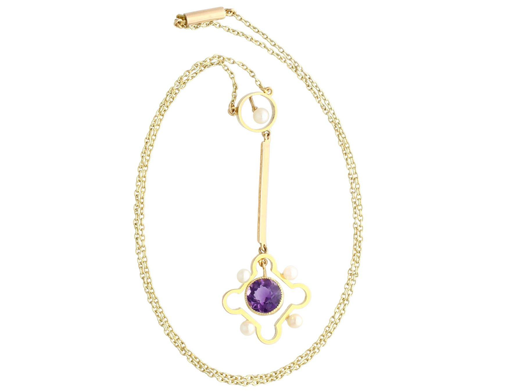 An exceptional, fine and impressive 1.31 carat amethyst and pearl, 15k yellow gold Necklace; part of our diverse antique jewelry and estate jewelry collections.

This exceptional, fine and impressive amethyst and pearl pendant has been crafted in