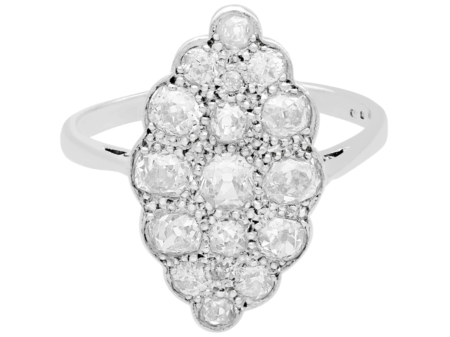 Round Cut Antique 1910s 1.54 Carat Diamond and White Gold Platinum Set Marquise Ring For Sale