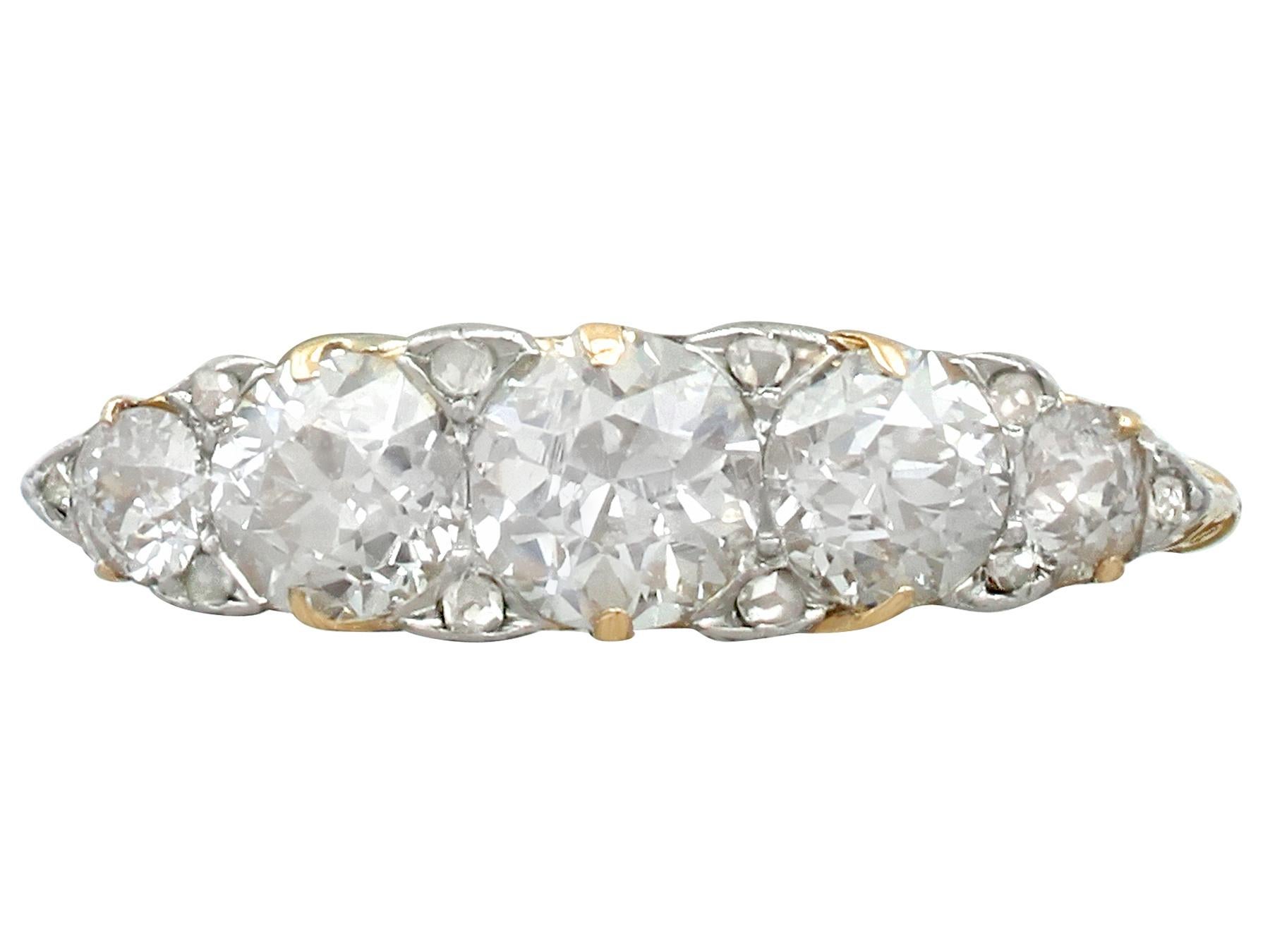 A stunning, fine and impressive antique 2.06 carat diamond and 18 karat yellow gold, 18 karat white gold set, five stone ring; part of our diverse collection of antique diamond rings

This stunning, fine and impressive five stone diamond ring has