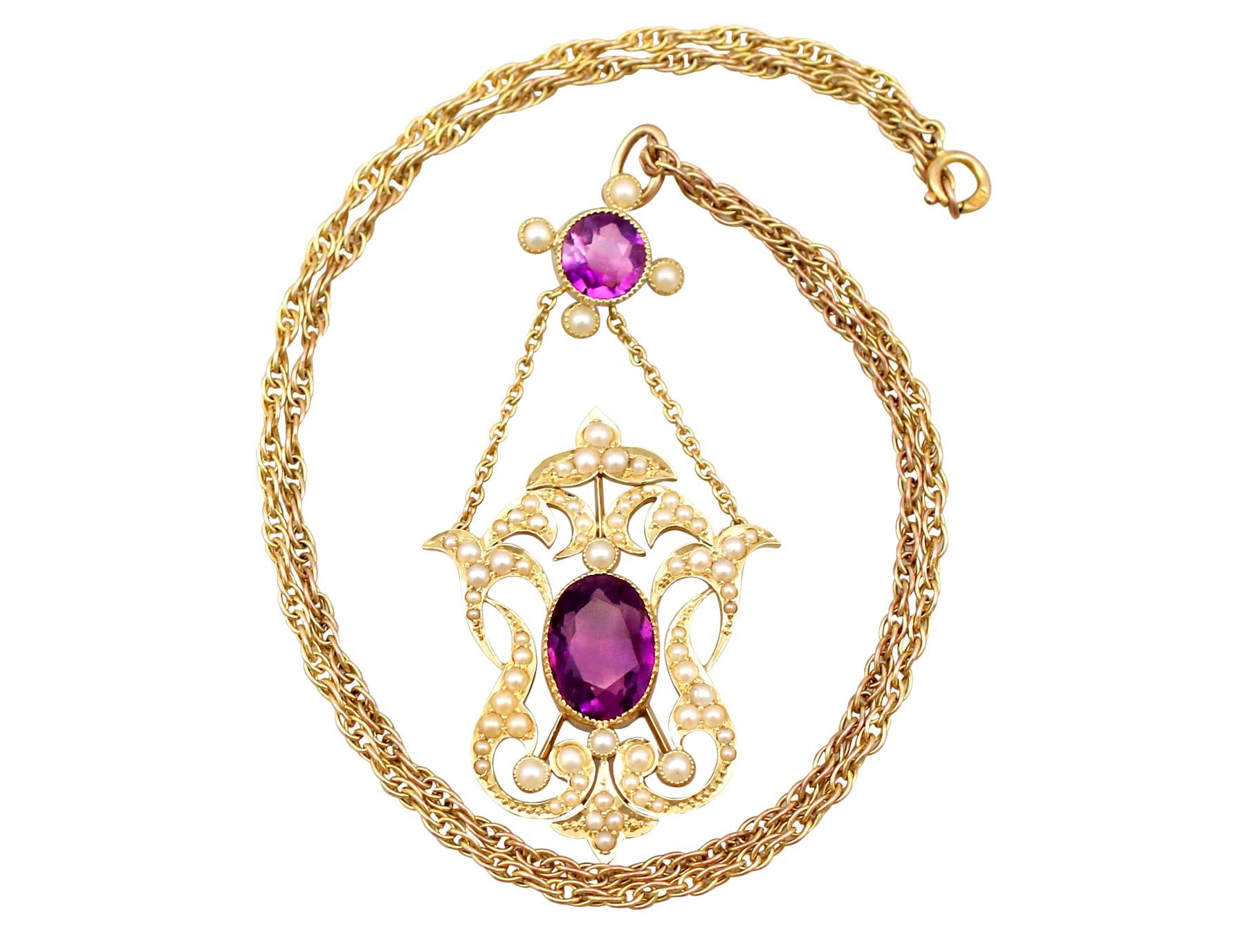 Edwardian Antique 1910s 4.83 Carat Amethyst and Pearl Yellow Gold Pendant For Sale