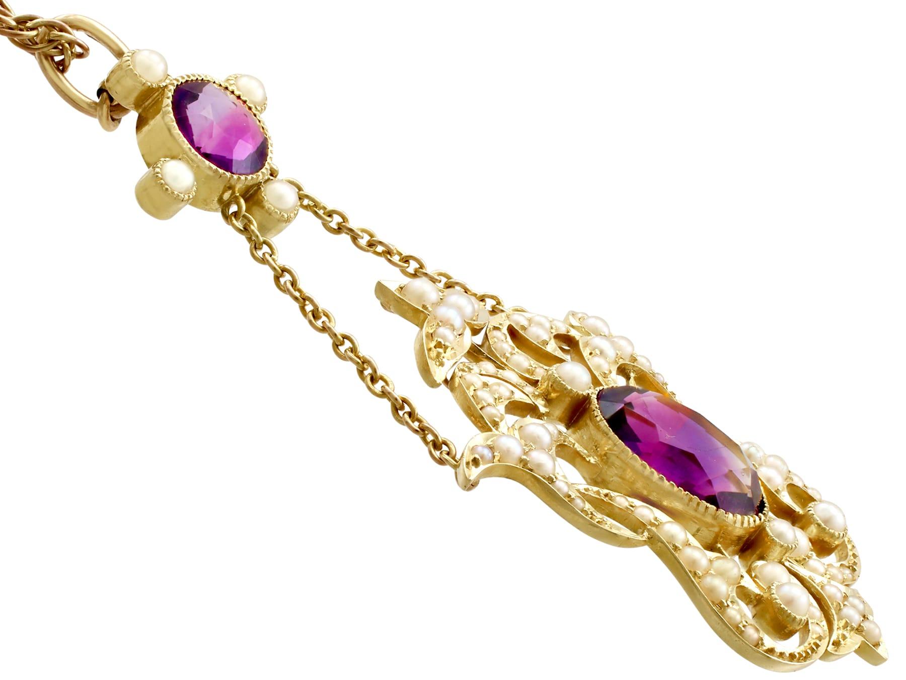 Oval Cut Antique 1910s 4.83 Carat Amethyst and Pearl Yellow Gold Pendant For Sale