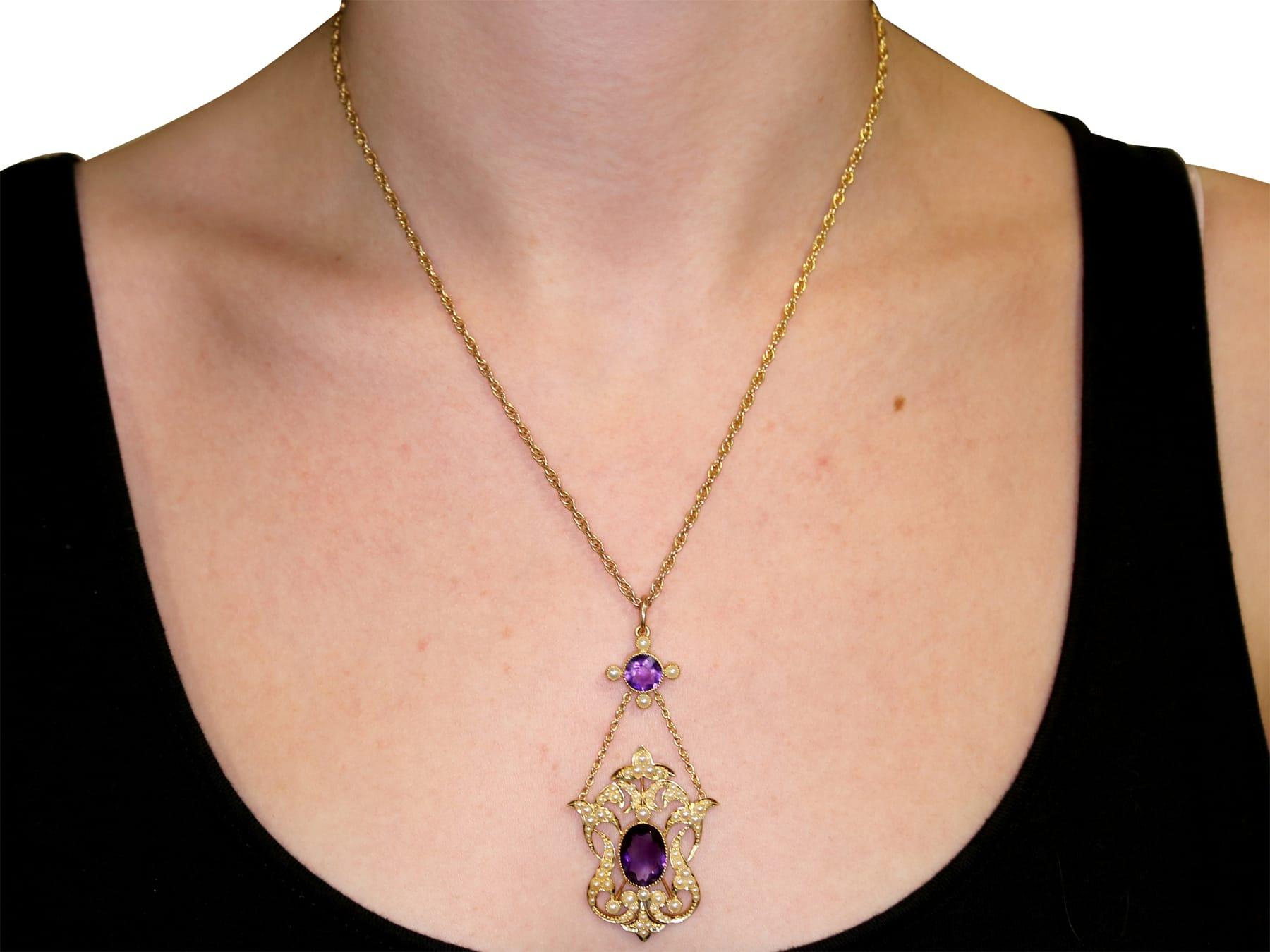 Antique 1910s 4.83 Carat Amethyst and Pearl Yellow Gold Pendant For Sale 1