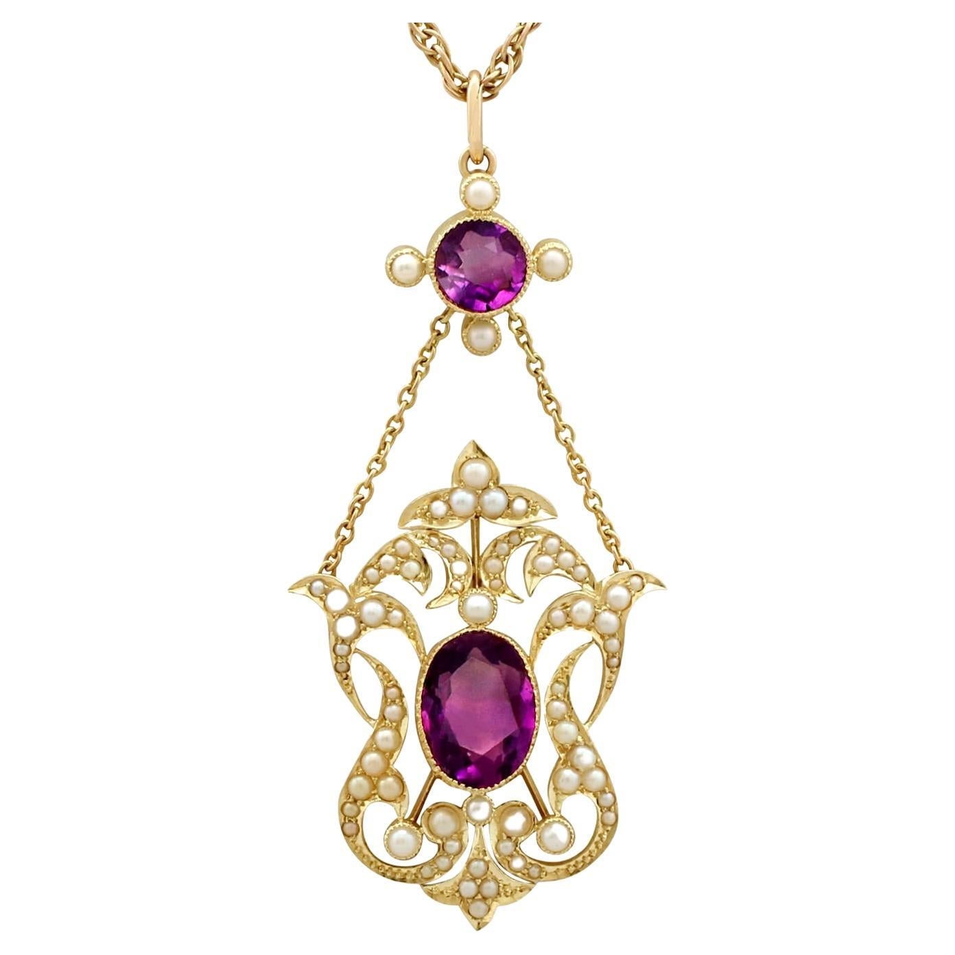 Pendentif ancien en or jaune avec perles et améthyste de 4,83 carats, années 1910