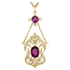 Antique 1910s 4.83 Carat Amethyst and Pearl Yellow Gold Pendant