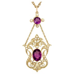 Vintage 1910s 4.83 Carat Amethyst and Pearl Yellow Gold Pendant