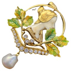 Antique Art Nouveau Diamond Enamel Pearl 18k Gold Pendant