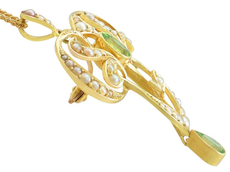 Women's or Men's Antique 1910s Art Nouveau Peridot and Seed Pearl Yellow Gold Pendant / Brooch For Sale