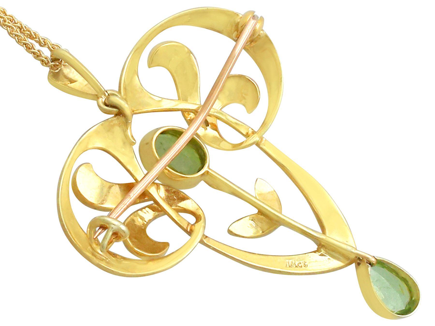 Oval Cut Antique 1910s Art Nouveau Peridot and Seed Pearl Yellow Gold Pendant / Brooch For Sale