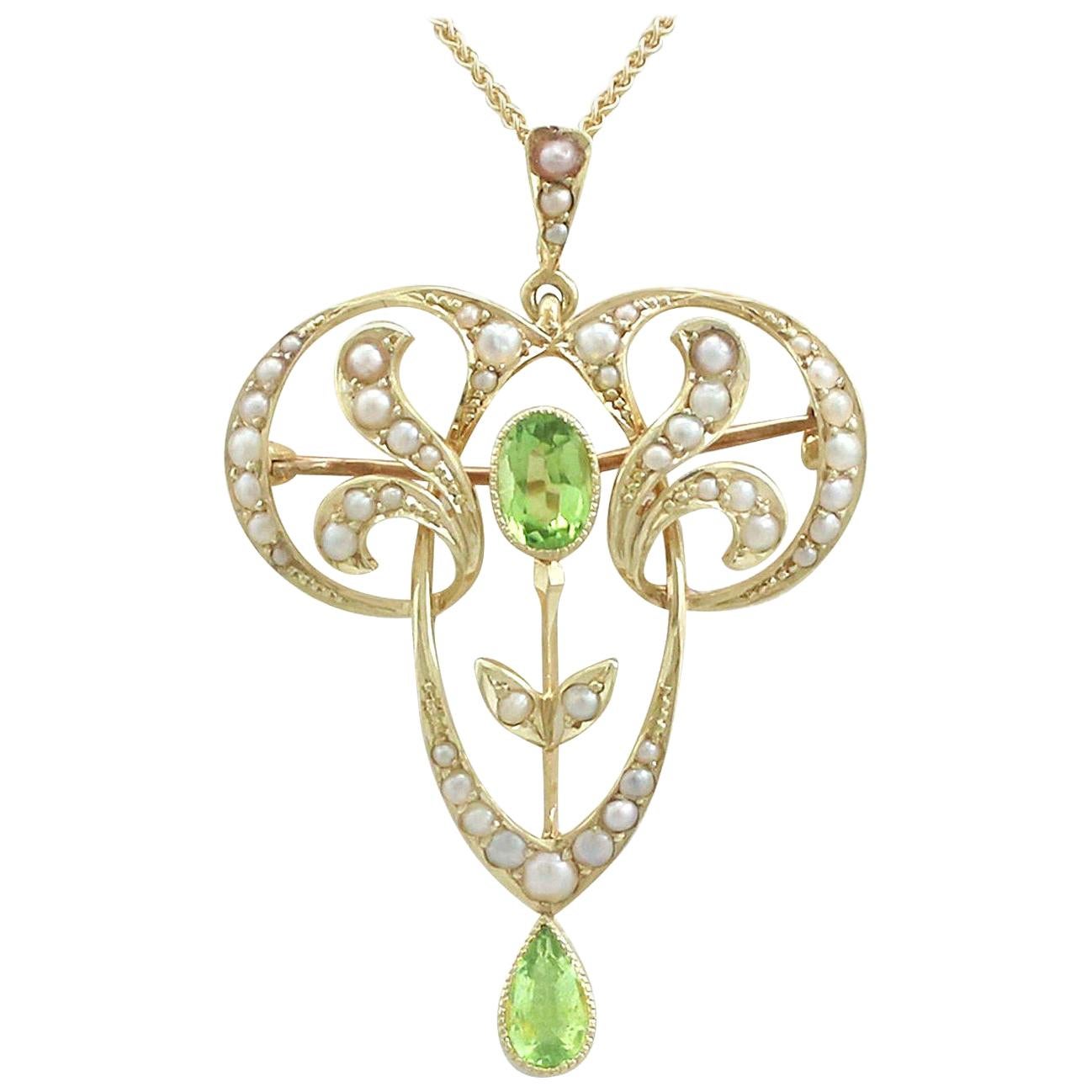 Antique 1910s Art Nouveau Peridot and Seed Pearl Yellow Gold Pendant / Brooch