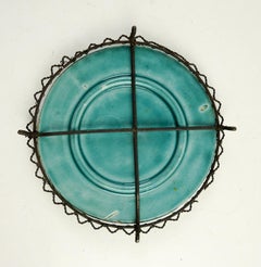 Antique 1910s Art Nouveau Turquoise Majolica Butterfly Catcher Trivet