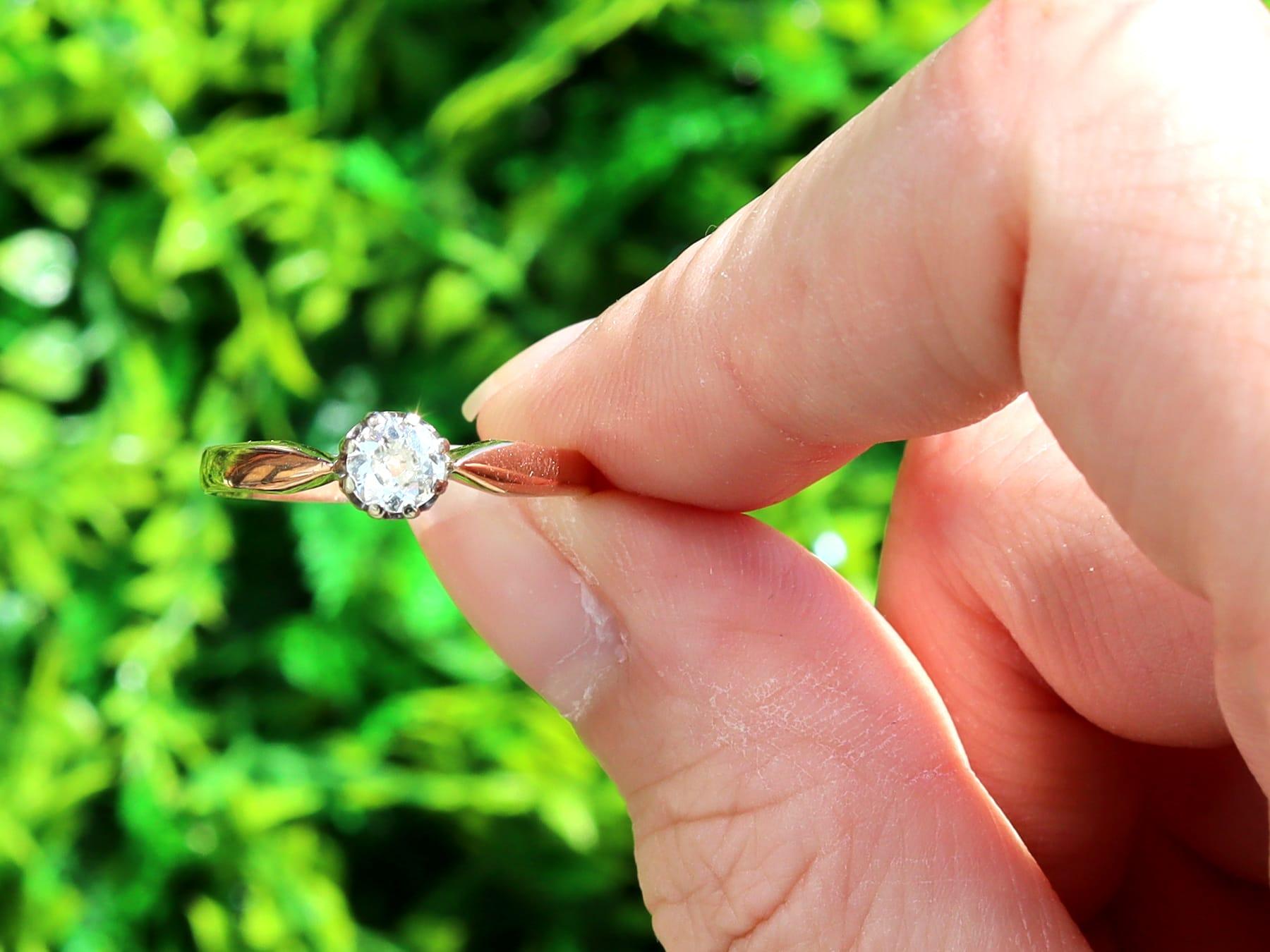 A fine and impressive antique 0.32 carat diamond and 14 karat rose gold, white gold set solitaire ring; part of our diamond jewelry/estate jewelry collections.

This impressive antique diamond solitaire ring has been crafted in 14k rose gold with a