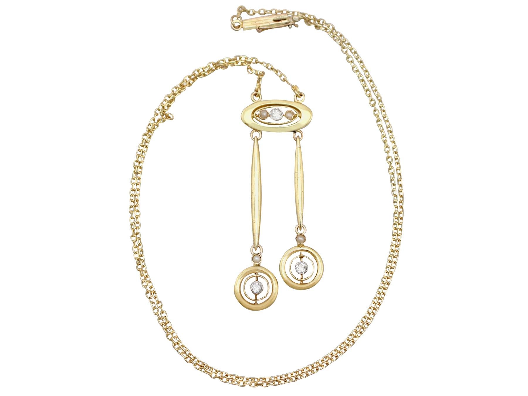 An impressive antique 0.10 carat diamond and seed pearl, 15 karat yellow gold and 15 karat white gold set necklace; part of our diverse antique jewelry and estate jewelry collections.

This fine and impressive diamond and seed pearl necklace has
