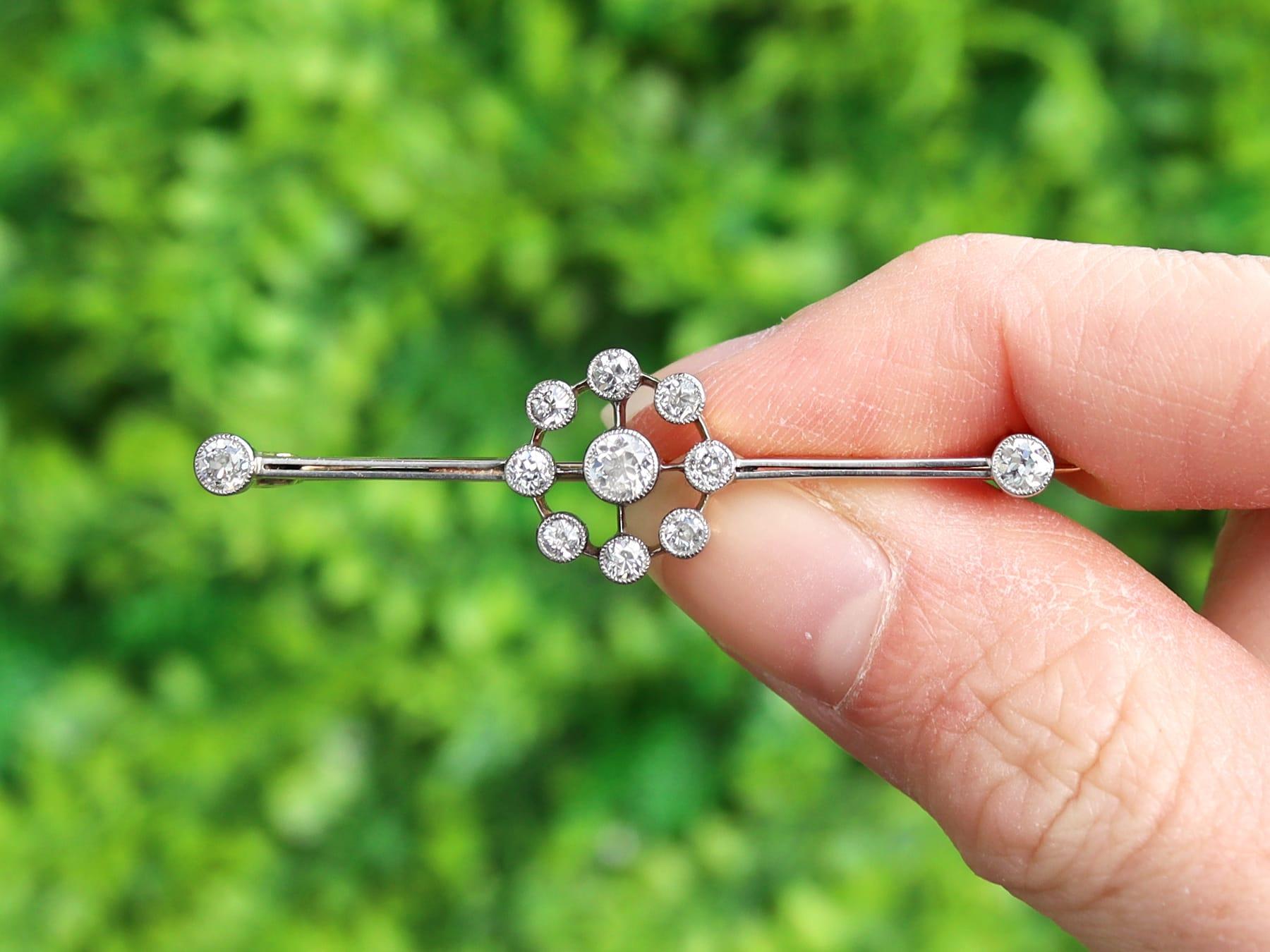 Old European Cut Antique 1910s Diamond and Yellow Gold Bar Brooch For Sale