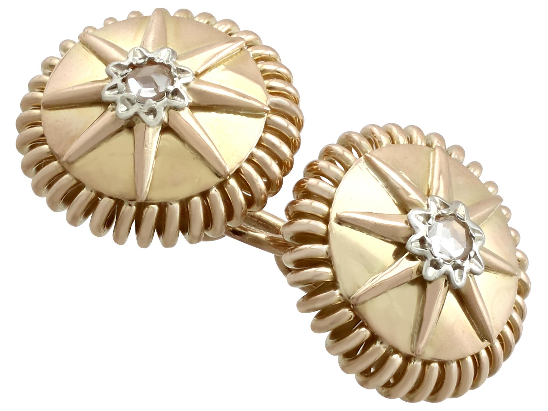 An impressive pair of antique 0.12 carat diamond and 18 karat yellow gold, 18 carat white gold cufflinks; part of our diverse antique jewelry and estate jewelry collections.

These fine and impressive antique cufflinks have been crafted in 18k