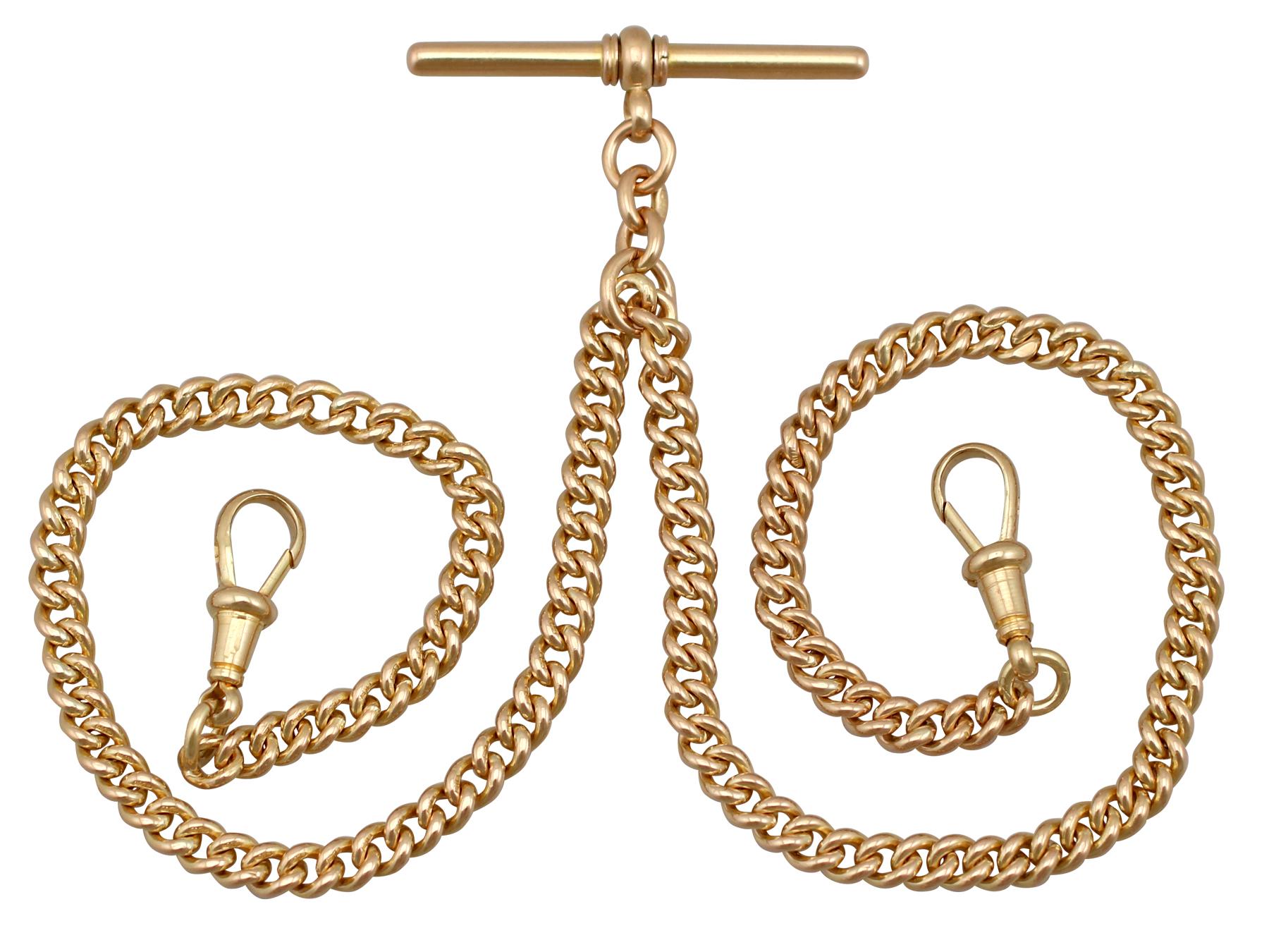 An exceptional antique 18 karat yellow gold double Albert watch chain with T-bar; part of our diverse antique jewellery and estate jewelry collections.

This exceptional, fine and impressive antique gold watch chain has been crafted in 18k yellow