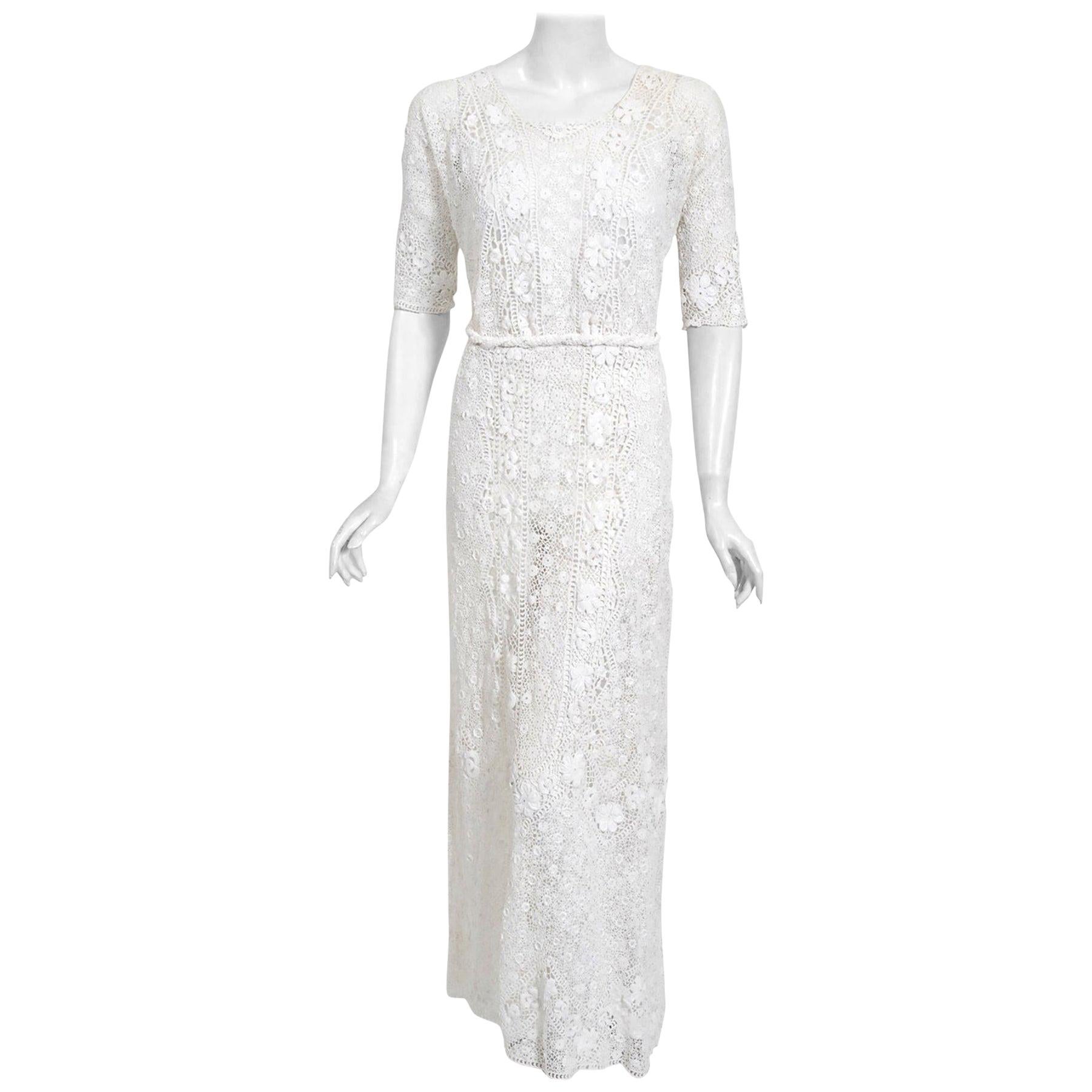 Antique 1910's Edwardian Couture White Irish-Crochet Lace Handmade Bridal Dress