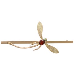 Antique 1910s Emerald and Garnet Yellow Gold Dragonfly Brooch