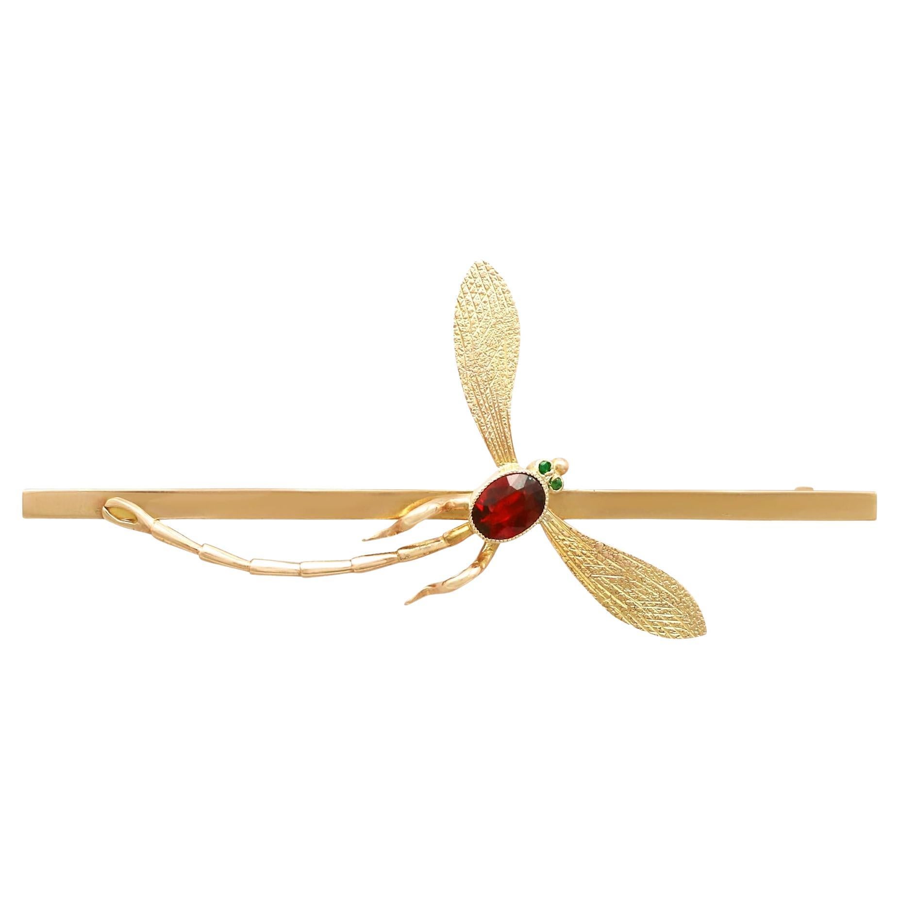 Antique 1910s Emerald and Garnet Yellow Gold Dragonfly Brooch For Sale