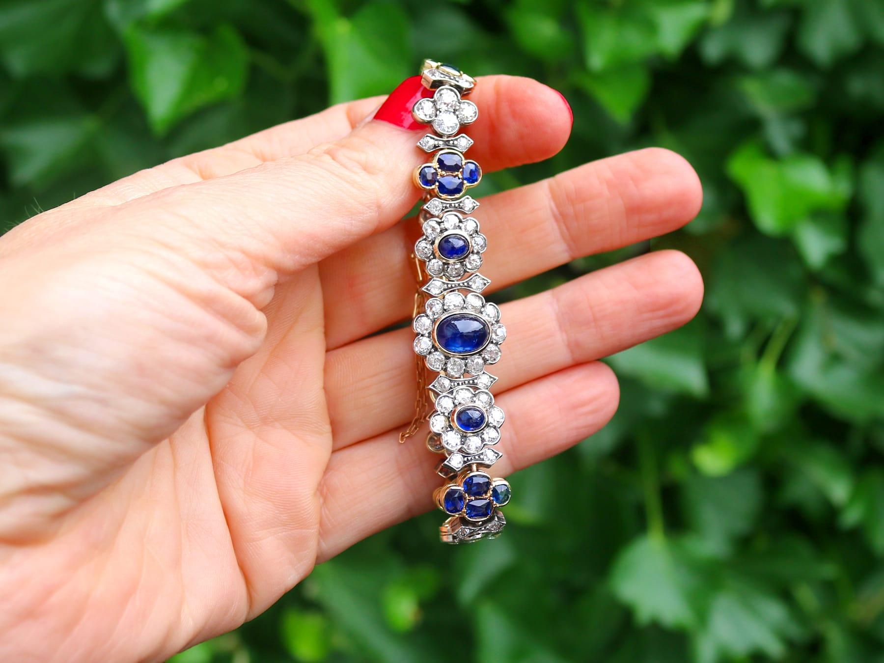 A stunning antique French 6.72 carat sapphire and 7.15 carat diamond, 18 karat yellow gold and silver set bracelet; part of our diverse antique jewelry and estate jewelry collections.

This stunning, fine and impressive antique cabochon cut sapphire