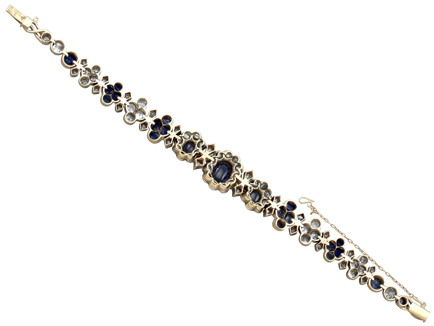Oval Cut Antique 1910s French 6.72ct Cabochon Cut Sapphire and 7.15ct Diamond Bracelet For Sale
