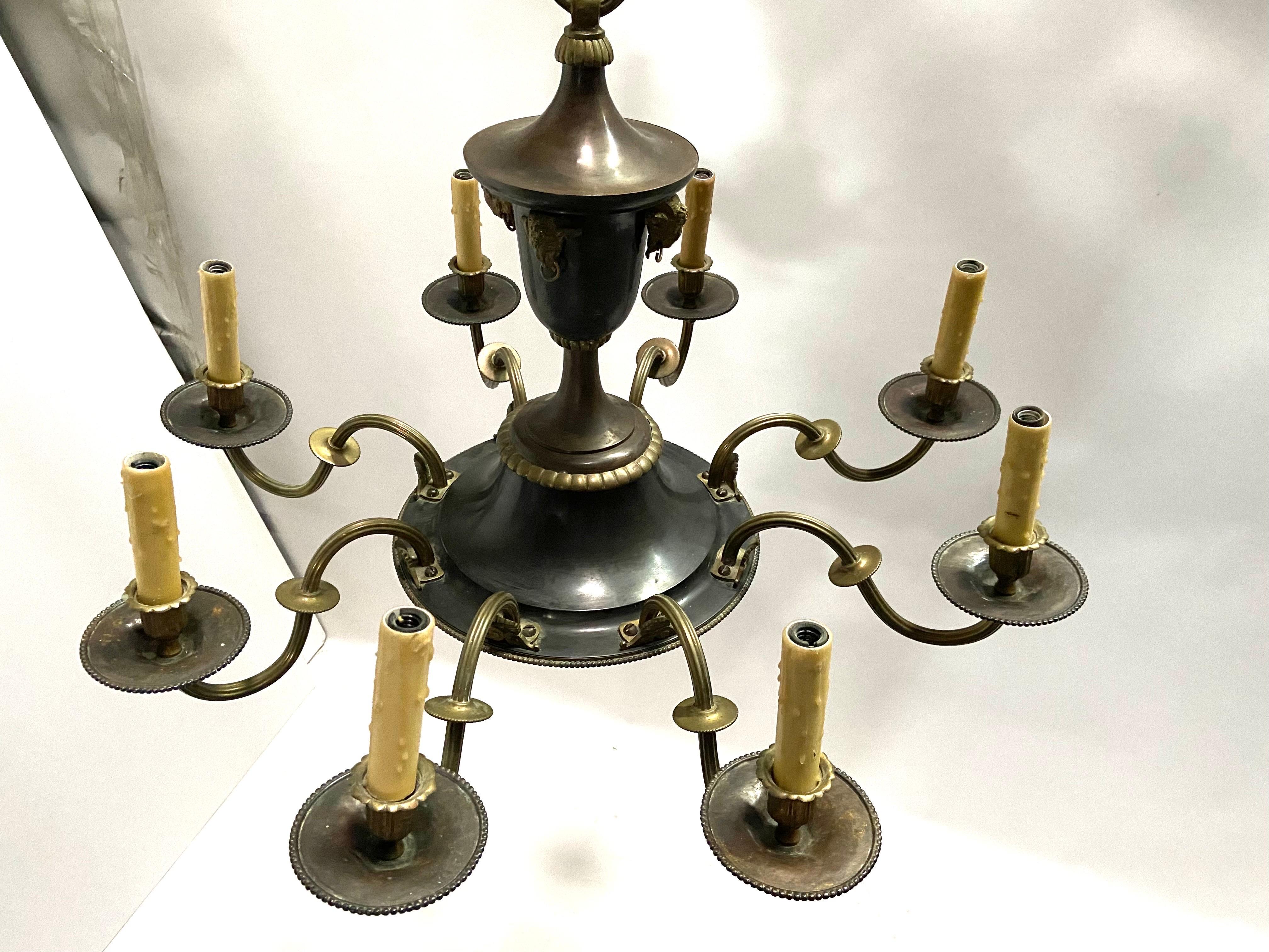 Antique 1910s French Empire Style Bronze Eight Light Chandelier For Sale 1