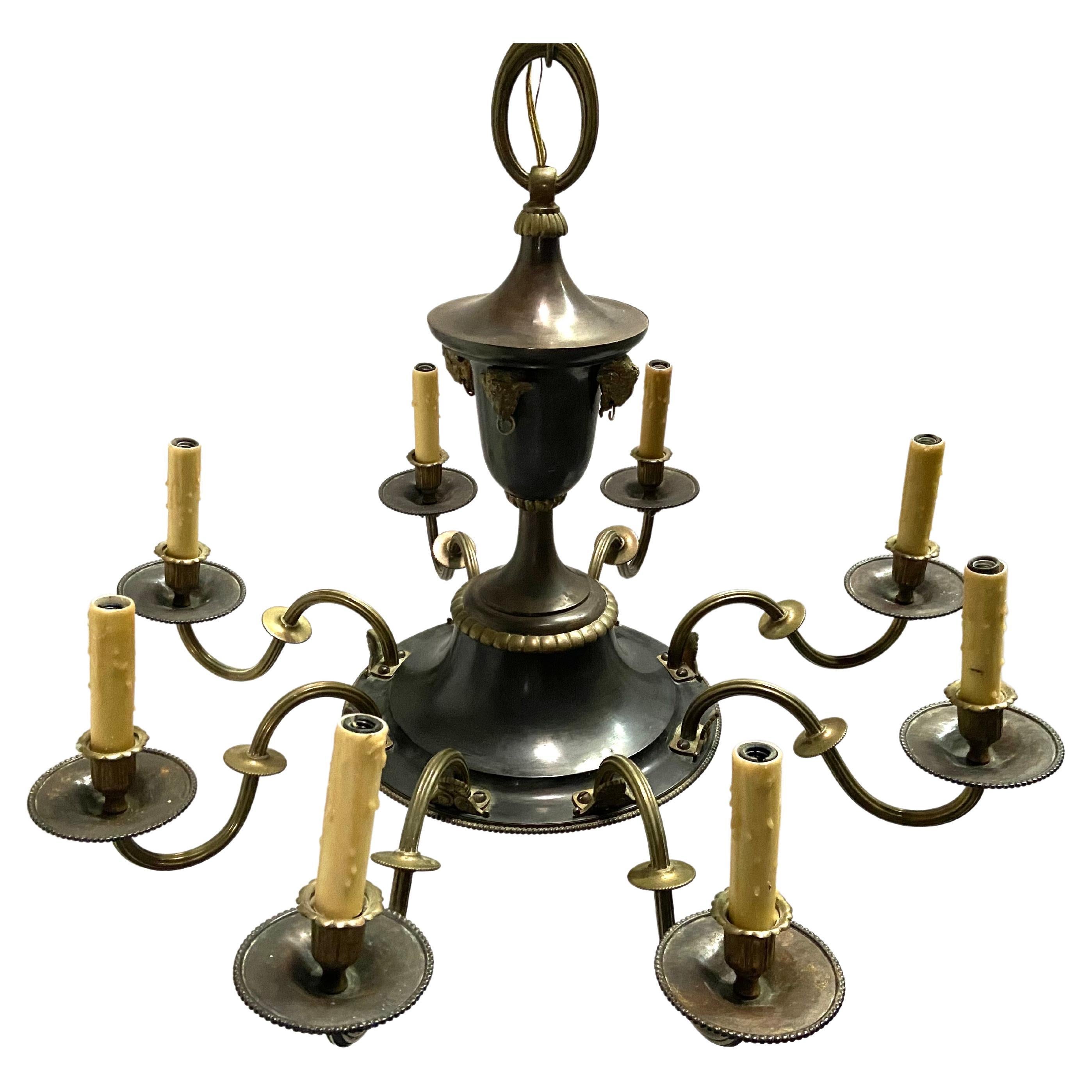 Antique 1910s French Empire Style Bronze Eight Light Chandelier