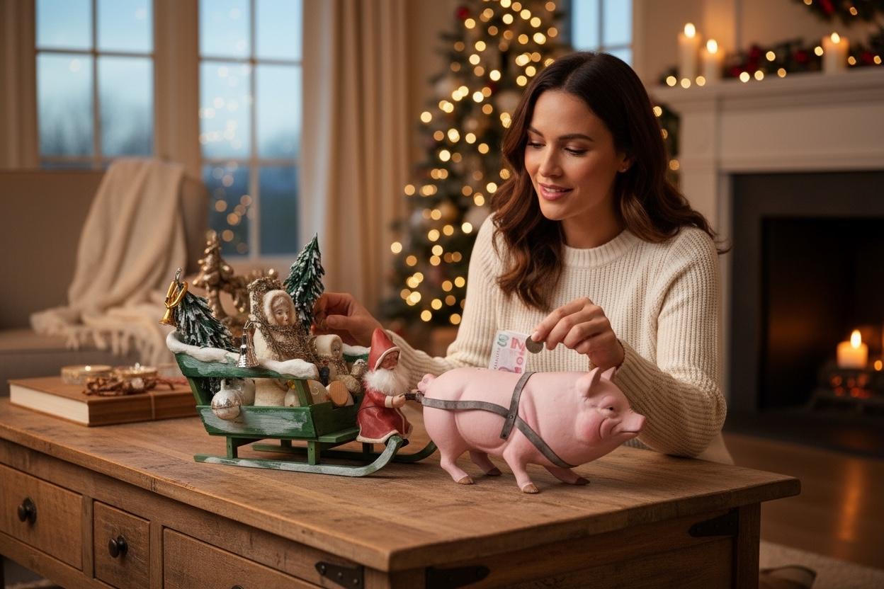 Antico Babbo Natale tedesco del 1910 con figura di Belsnickle su slitta trainata da un maiale rosa in vendita 2