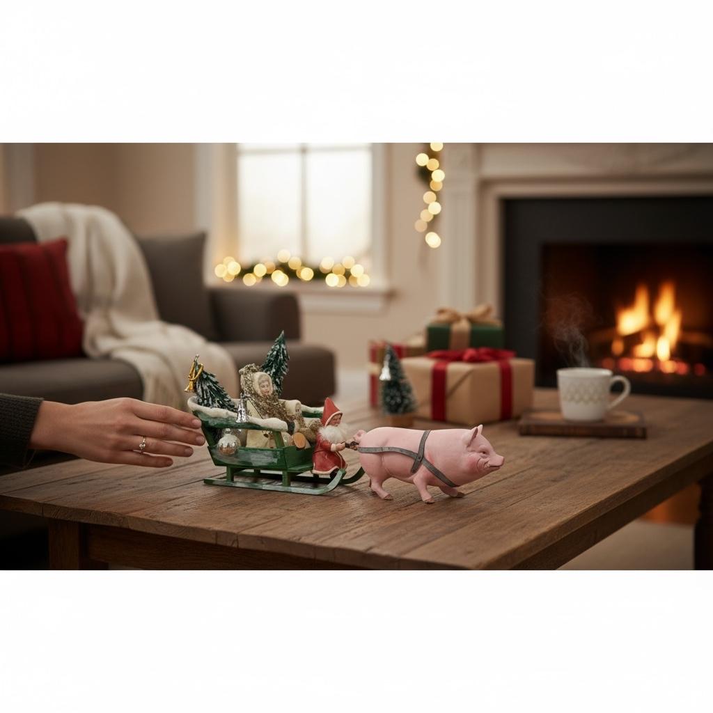 Antico Babbo Natale tedesco del 1910 con figura di Belsnickle su slitta trainata da un maiale rosa in vendita 3