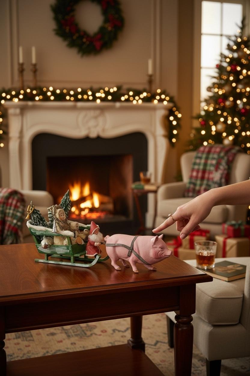 Antico Babbo Natale tedesco del 1910 con figura di Belsnickle su slitta trainata da un maiale rosa in vendita 5