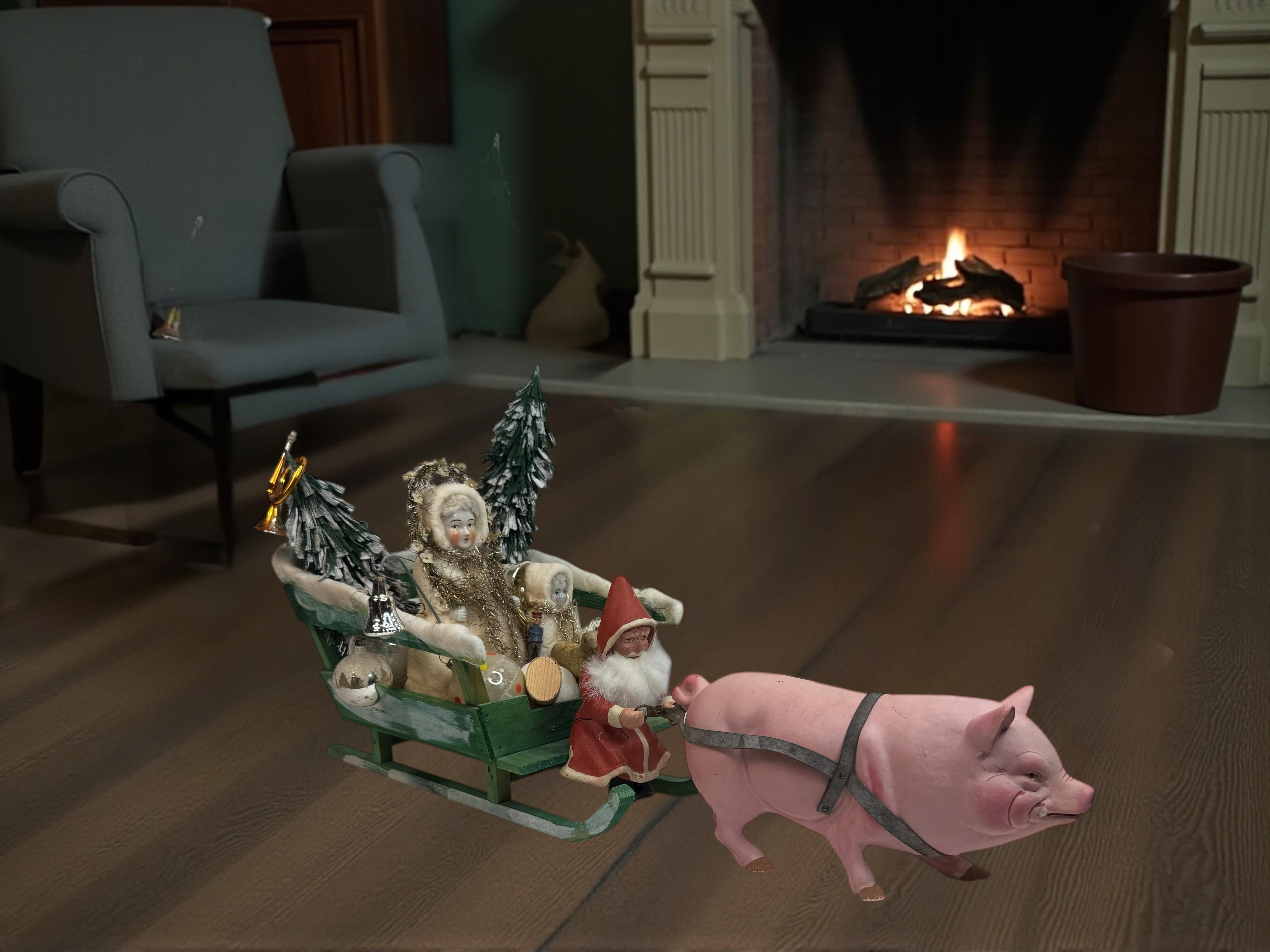 Antico Babbo Natale tedesco del 1910 con figura di Belsnickle su slitta trainata da un maiale rosa in vendita 7