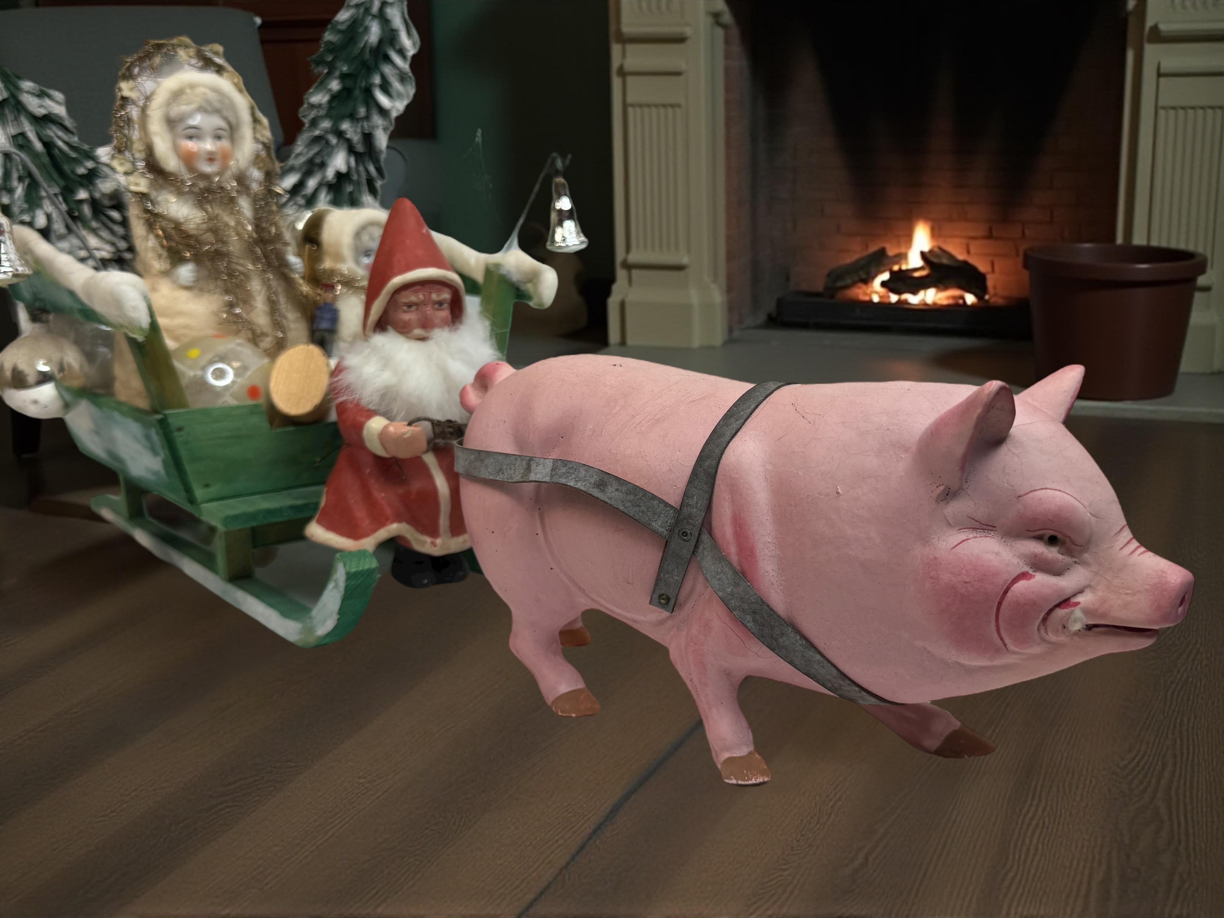 Antico Babbo Natale tedesco del 1910 con figura di Belsnickle su slitta trainata da un maiale rosa in vendita 8