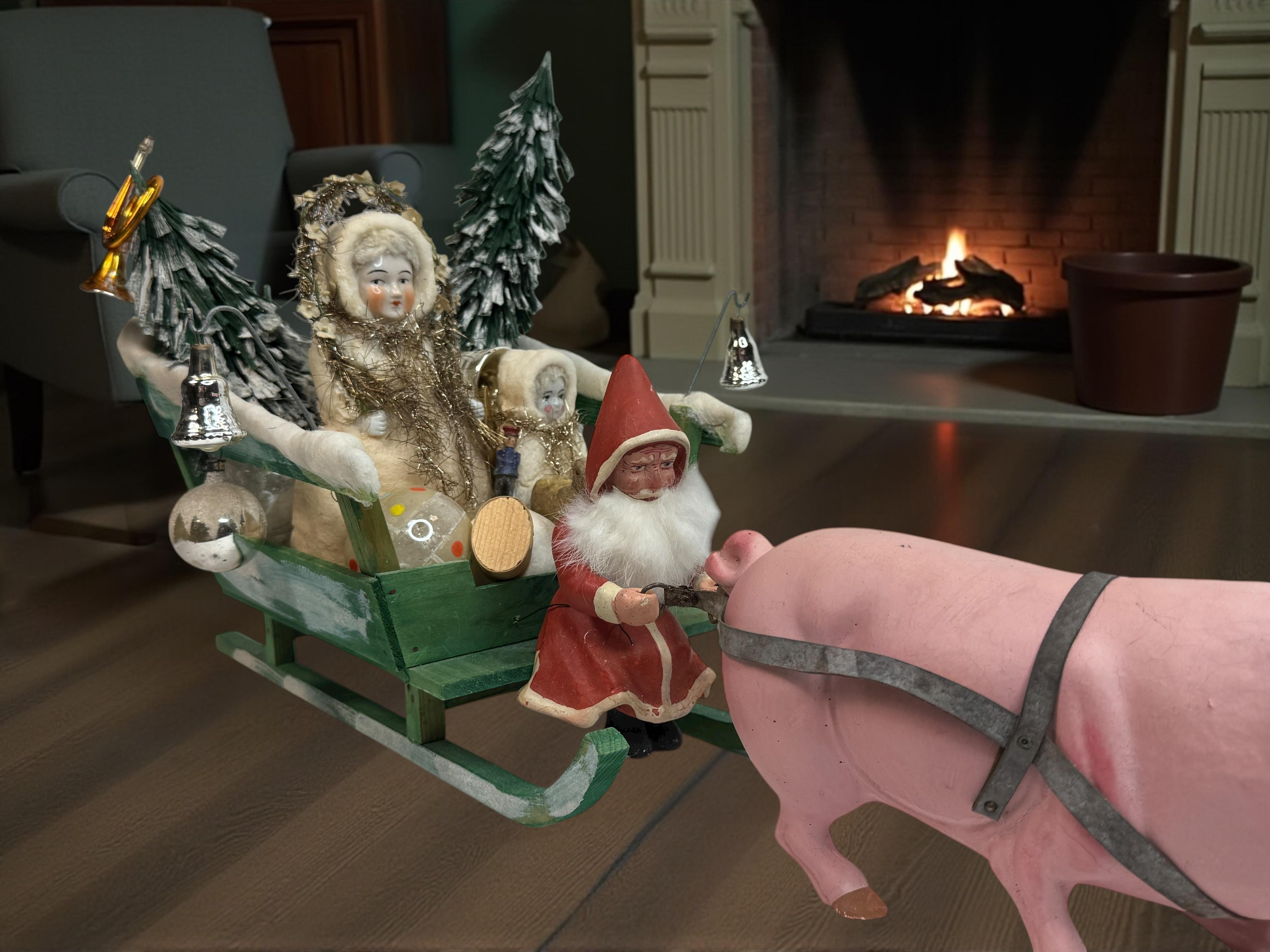 Antico Babbo Natale tedesco del 1910 con figura di Belsnickle su slitta trainata da un maiale rosa in vendita 9