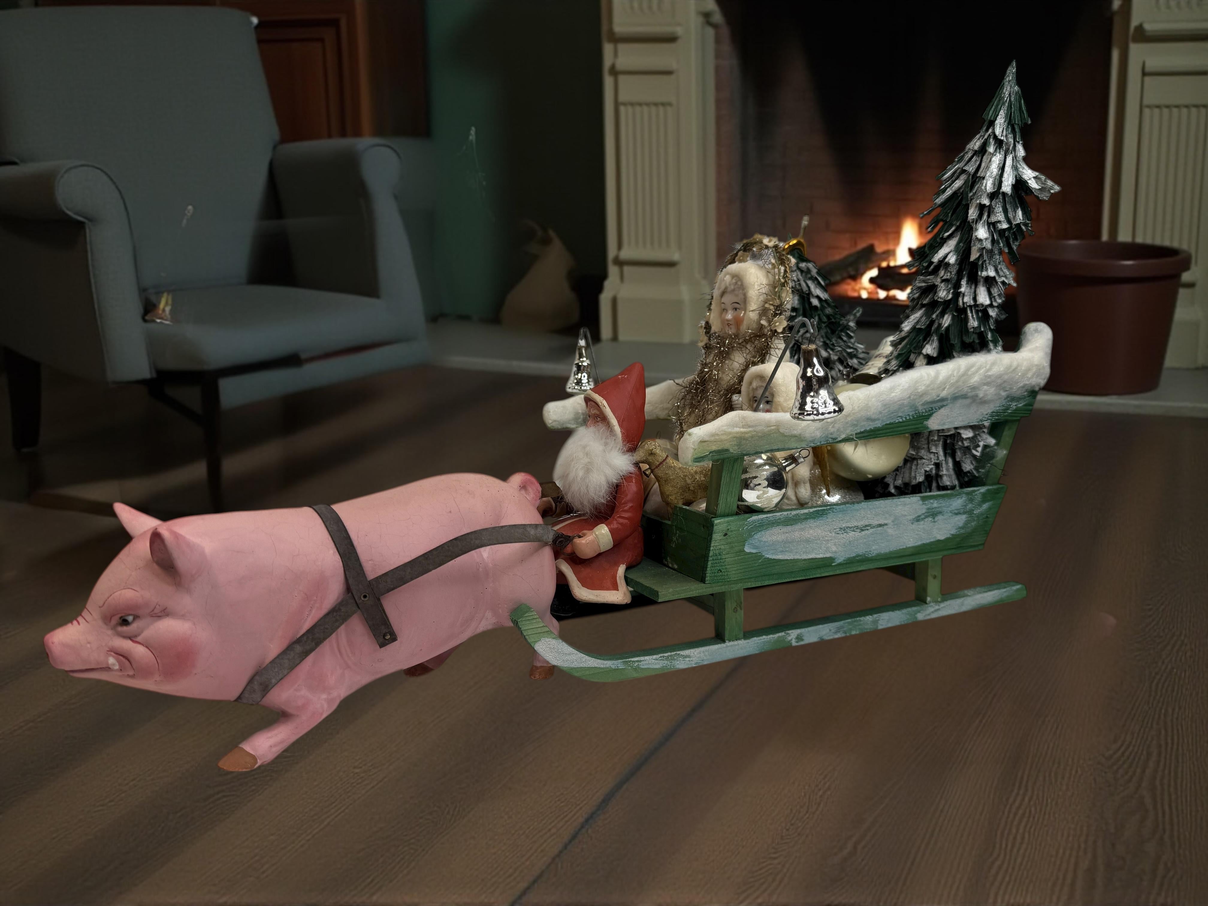 Antico Babbo Natale tedesco del 1910 con figura di Belsnickle su slitta trainata da un maiale rosa in vendita 10